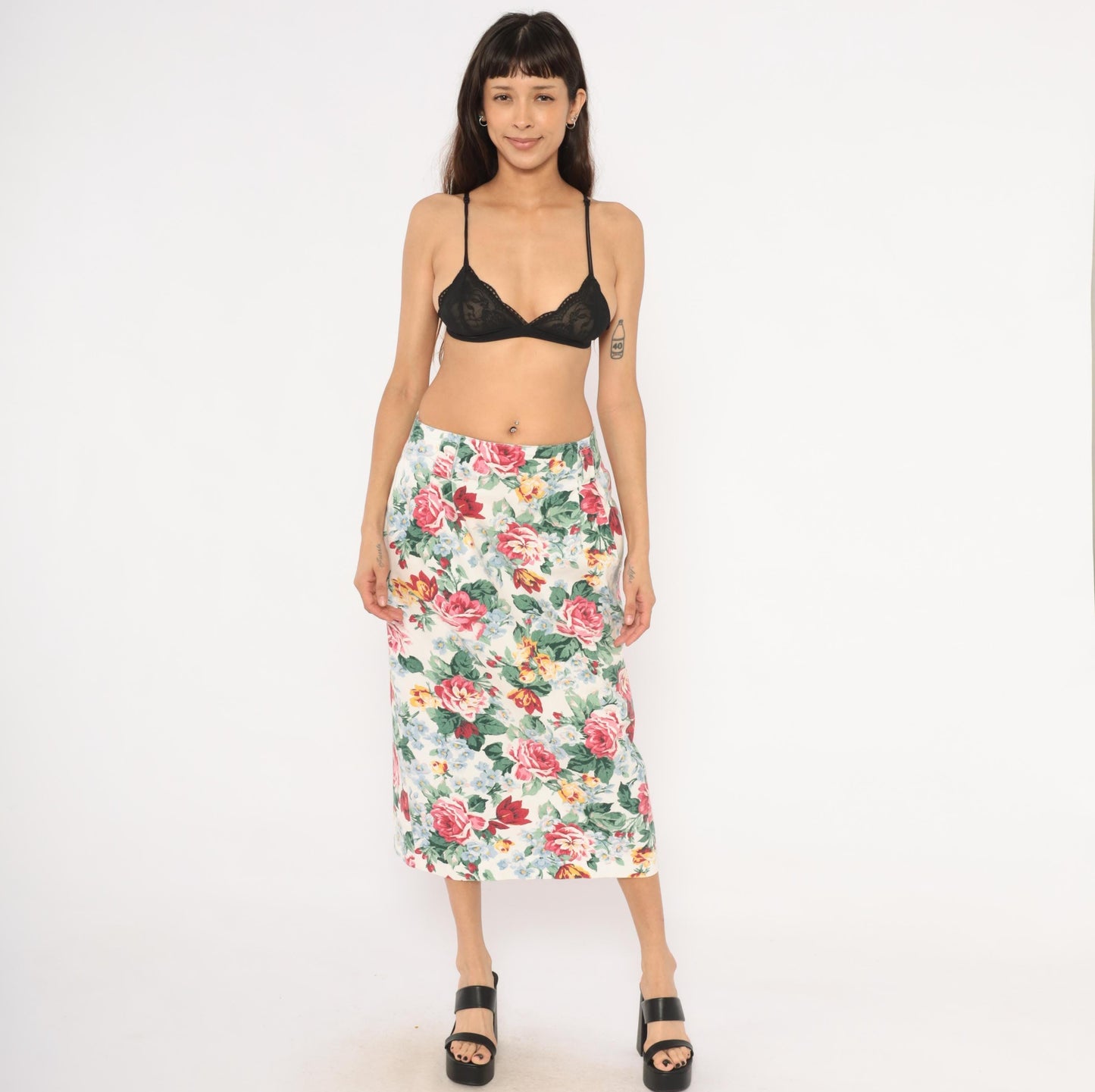 90s Gotcha Covered Floral Pencil Skirt Cream Rose Print Cotton Medium L