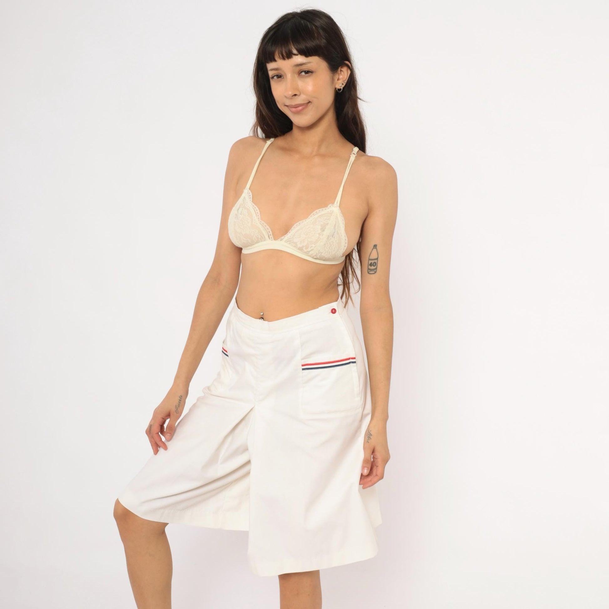 70s White Pleated Culottes Red Navy Stripe Trim Cotton Preppy Medium M
