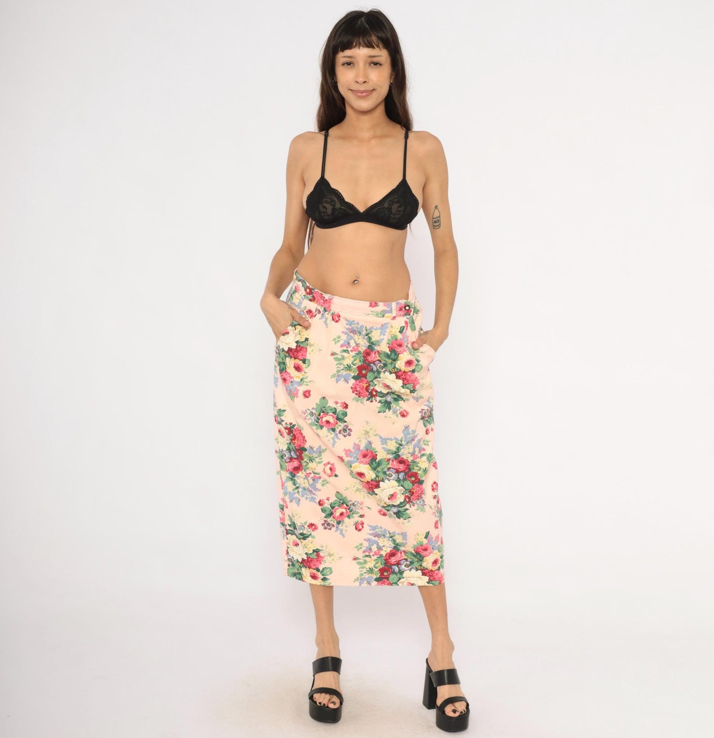 90s On The Verge Floral Midi Pencil Skirt Pink Cotton Large L