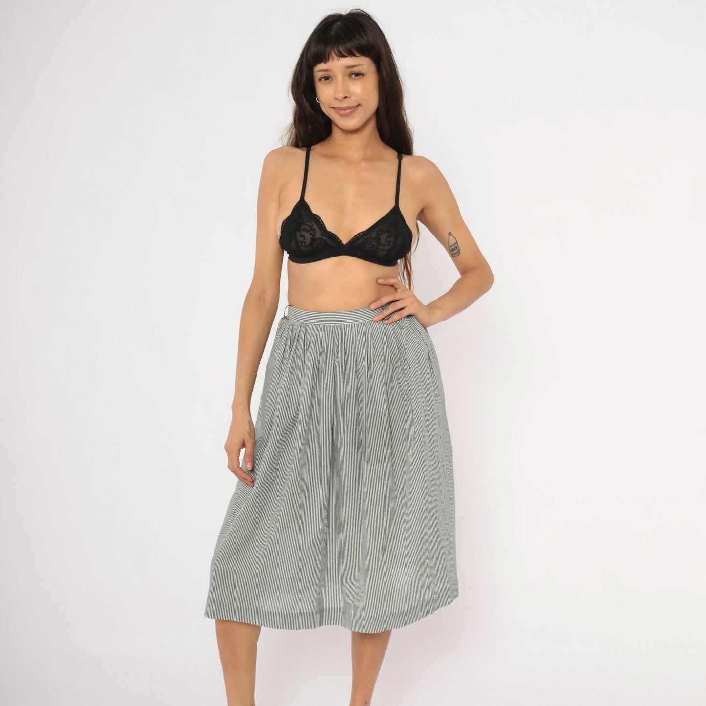 80s NR1 Grey Pinstripe Gathered Skirt Cotton Pleated High-Waisted Extra Small