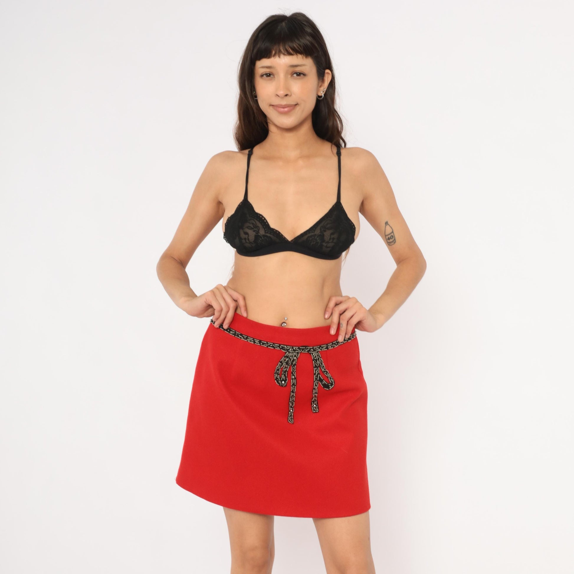 Y2K Red A-Line Mini Skirt Beaded Bow Waistband Large L