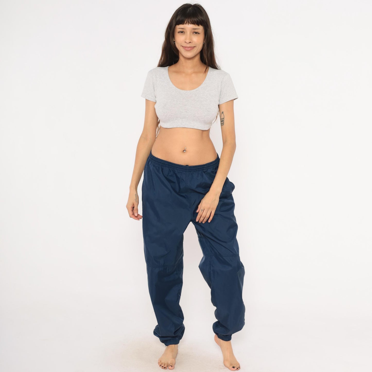 90s Nike Navy Nylon Track Pants Tapered Joggers Drawstring Large L