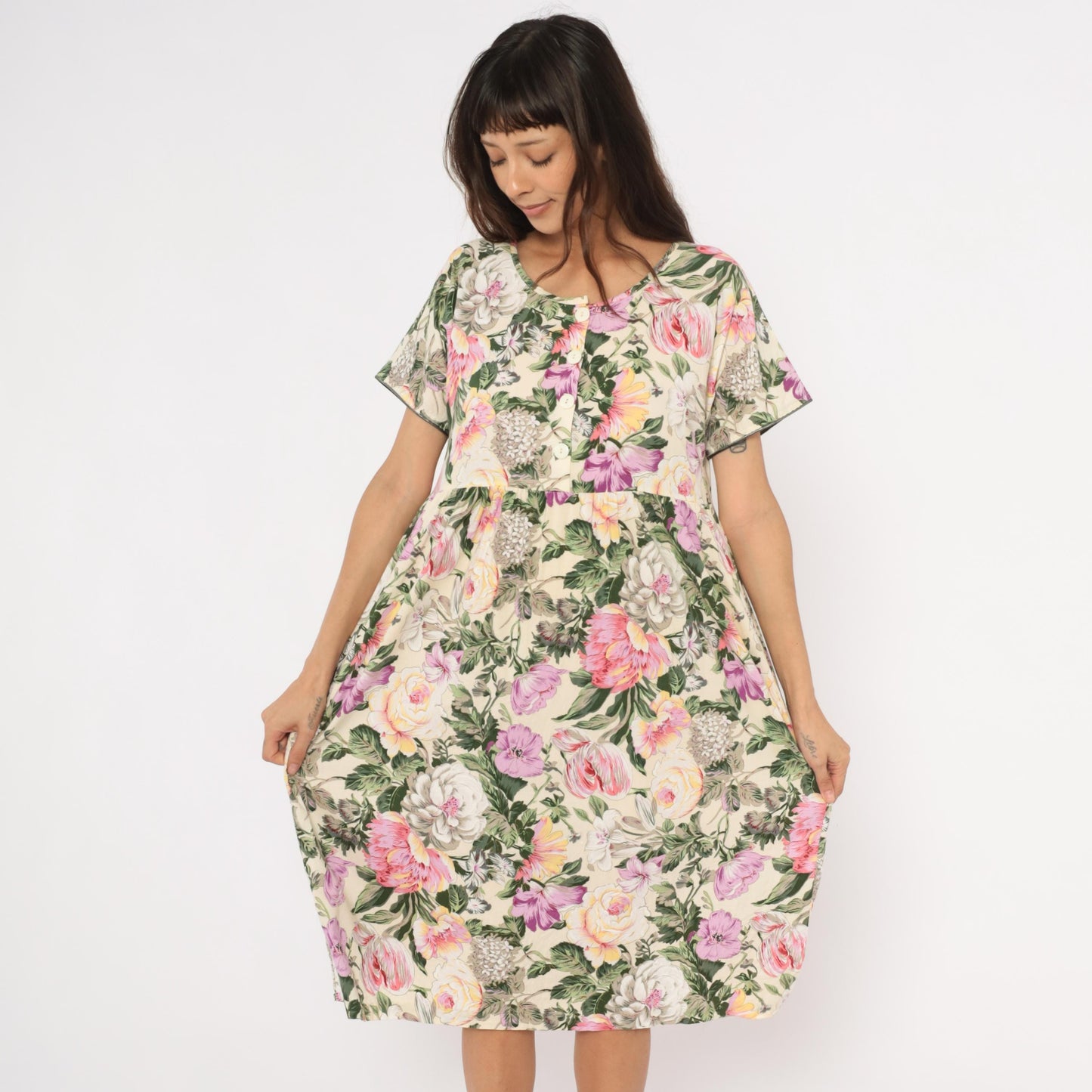 90s Day In Day Out Floral Midi Dress Cream Pink Garden Print Cotton Medium M