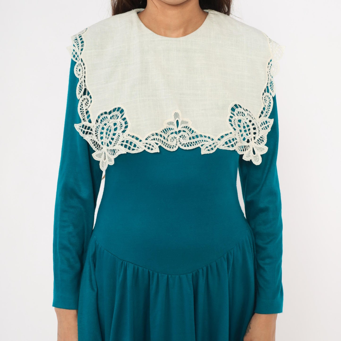 80s Expo Teal Midi Dress Cream Scalloped Lace Collar Small Medium