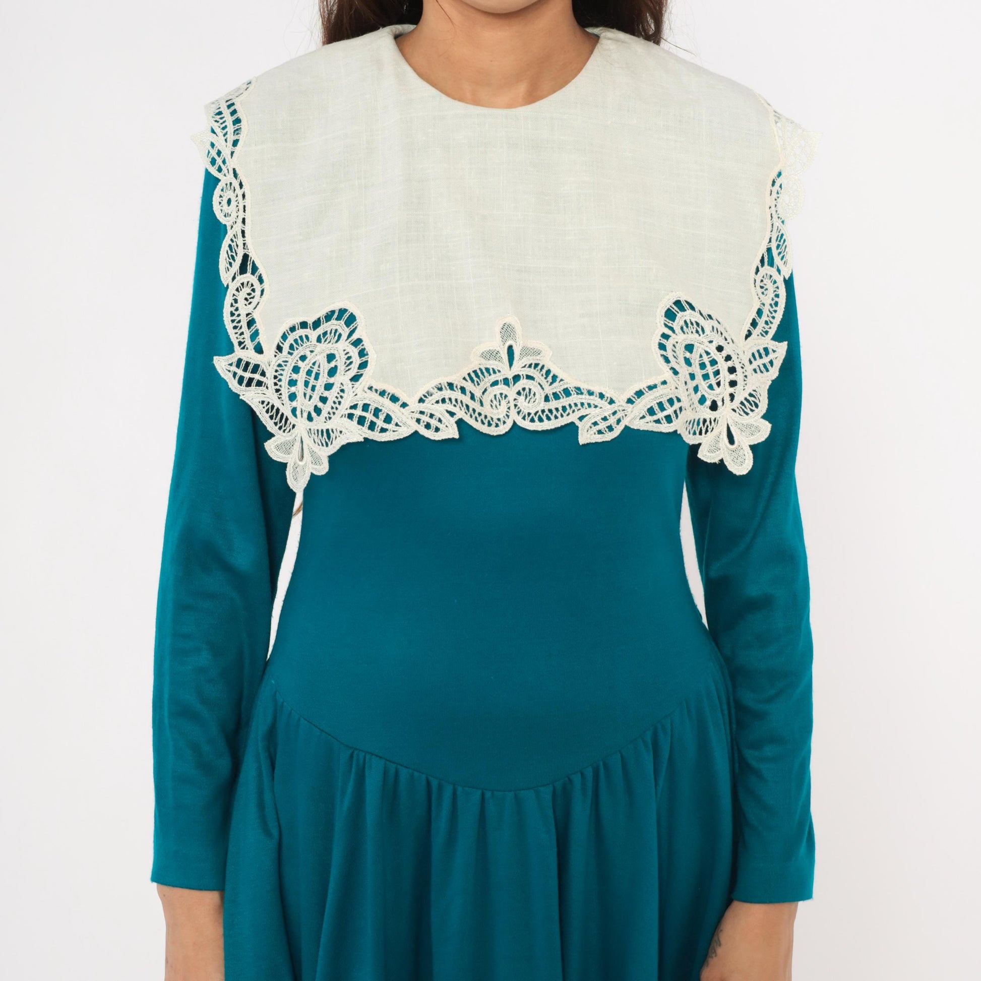 80s Expo Teal Midi Dress Cream Scalloped Lace Collar Small Medium