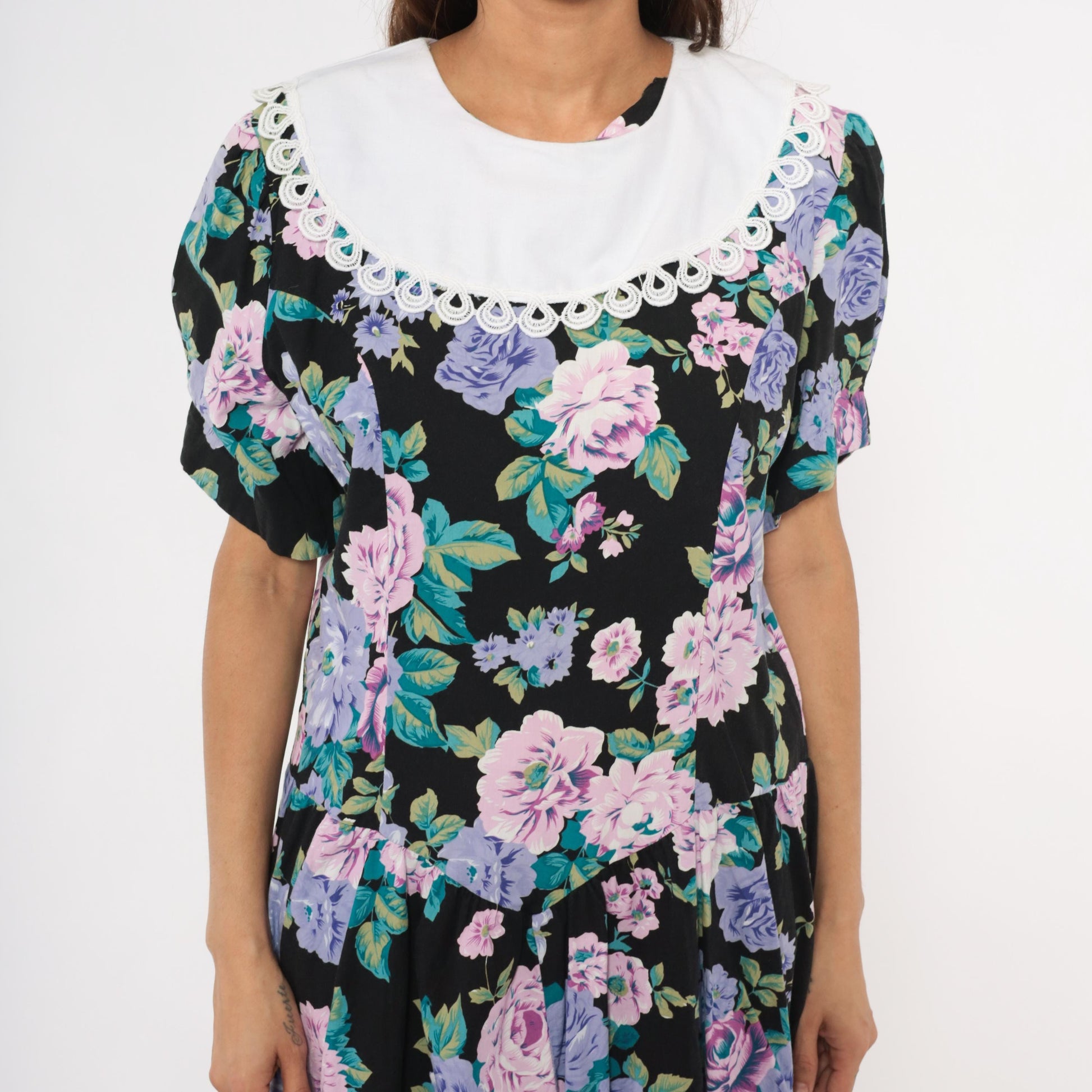 90s Ms. Basia California Floral Drop Waist Dress Black Rose Print Knee Length Large