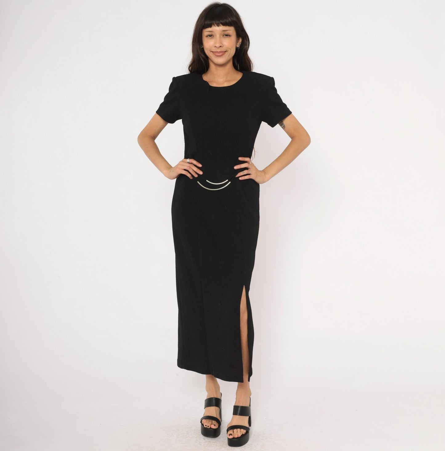 90s Scarlett Black Maxi Dress Silver Metal Waist Accents Short Sleeve Small