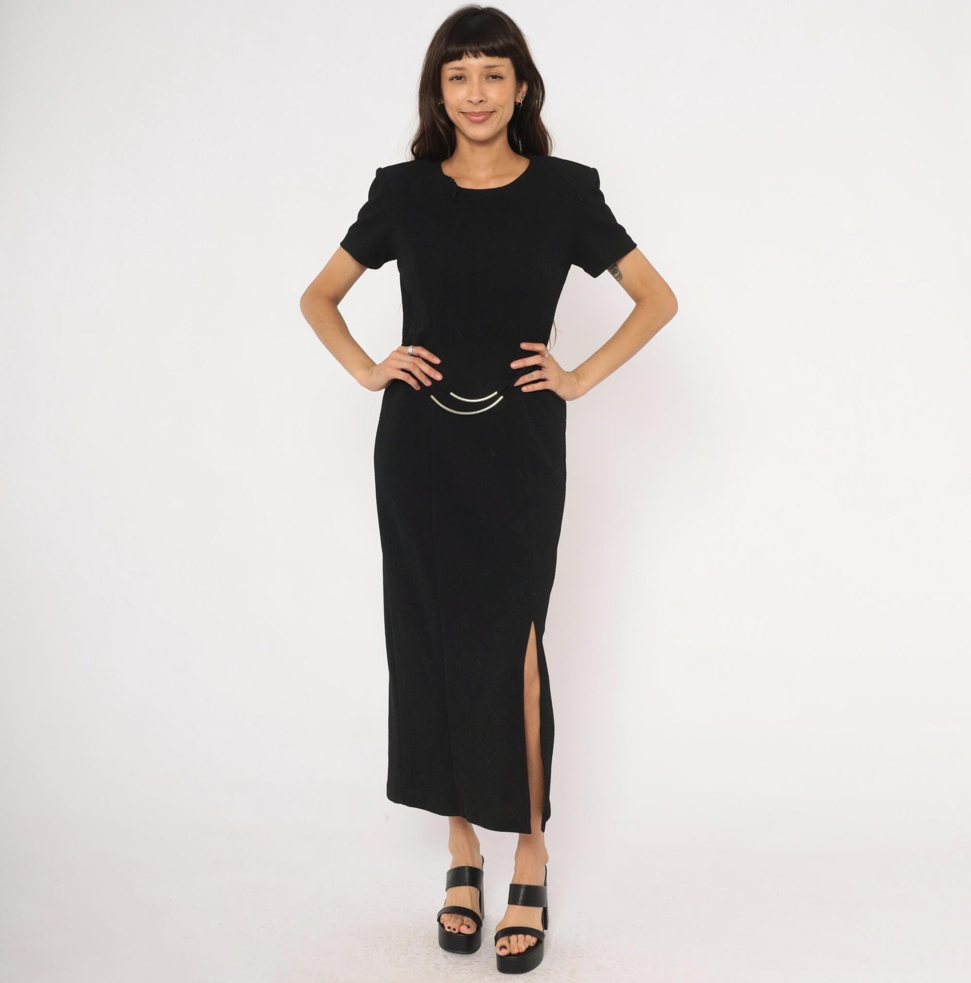 90s Scarlett Black Maxi Dress Silver Metal Waist Accents Short Sleeve Small