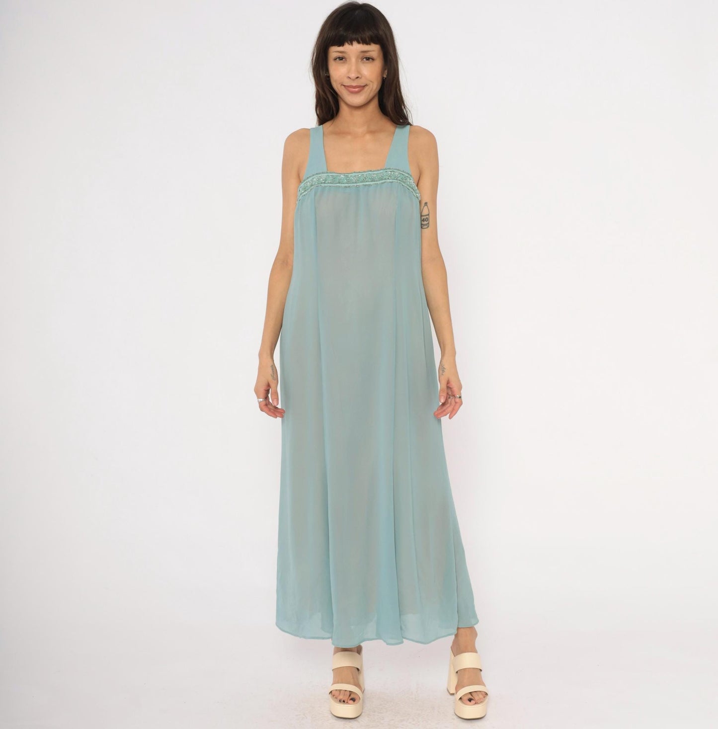 80s Ursula Ice Blue Maxi Dress Beaded Chiffon Empire Waist Small