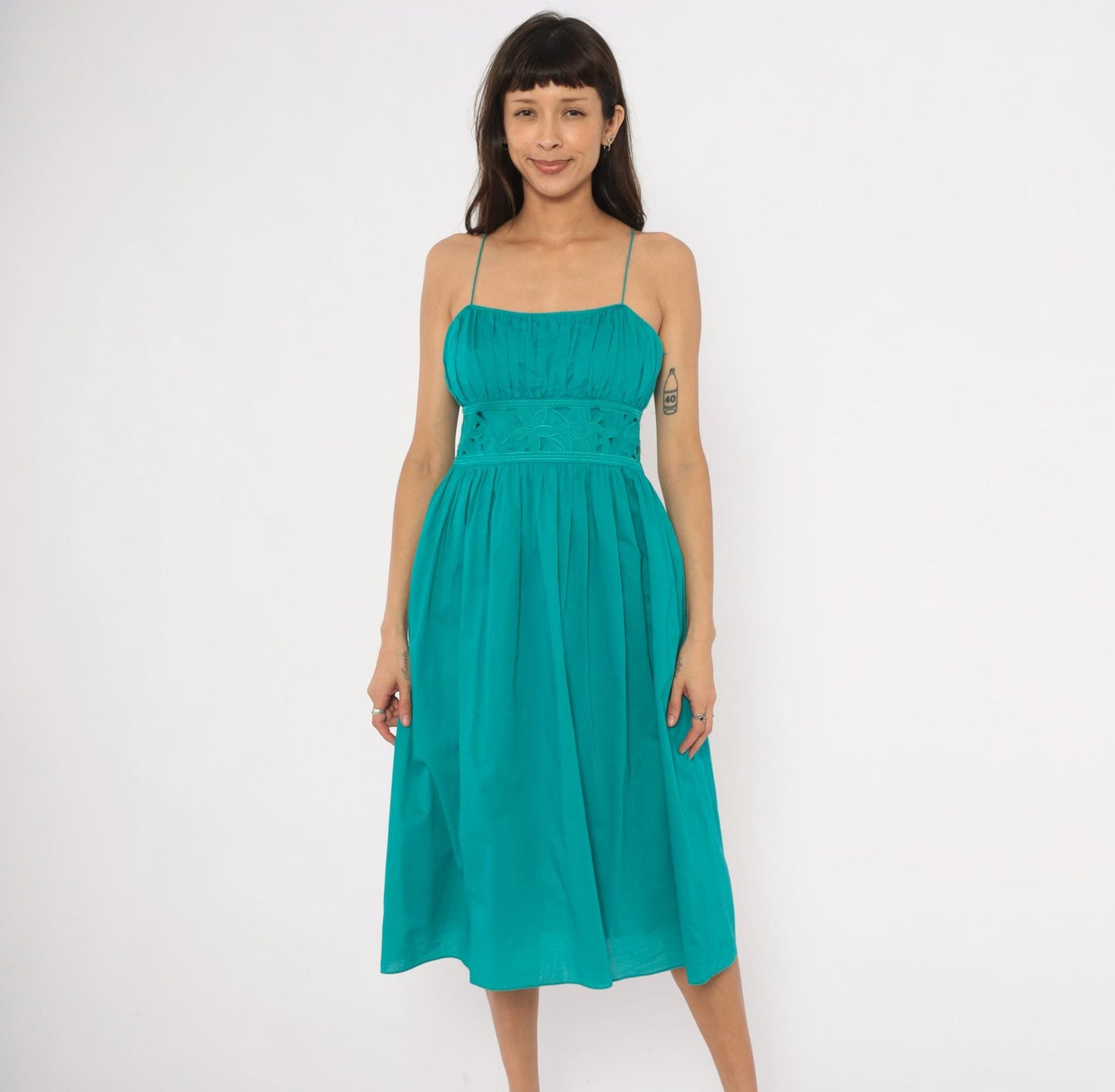 90s Jessica Howard Teal Midi Sundress Embroidered Eyelet Cotton Small