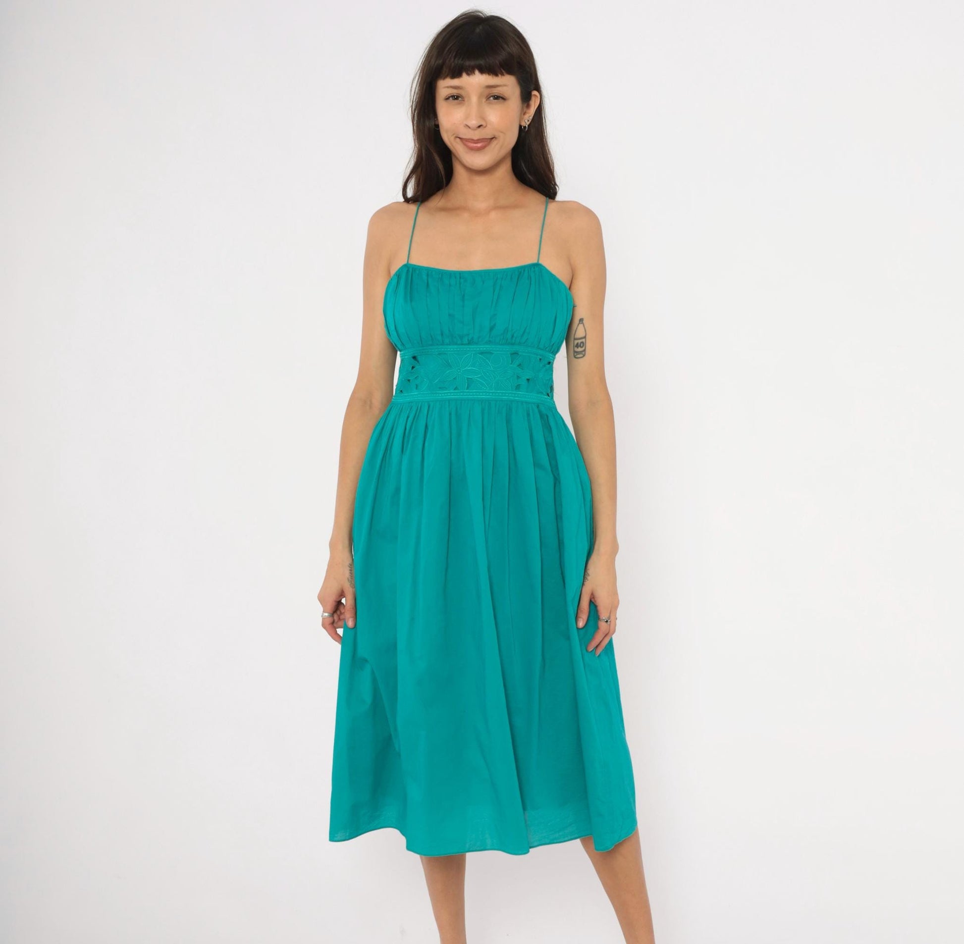 90s Jessica Howard Teal Midi Sundress Embroidered Eyelet Cotton Small