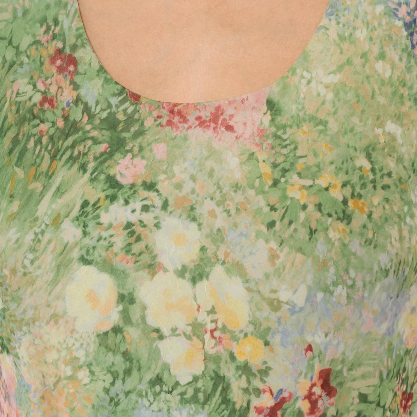 90s K Studio Floral Midi Dress Impressionist Garden Print Green Pink Extra Large