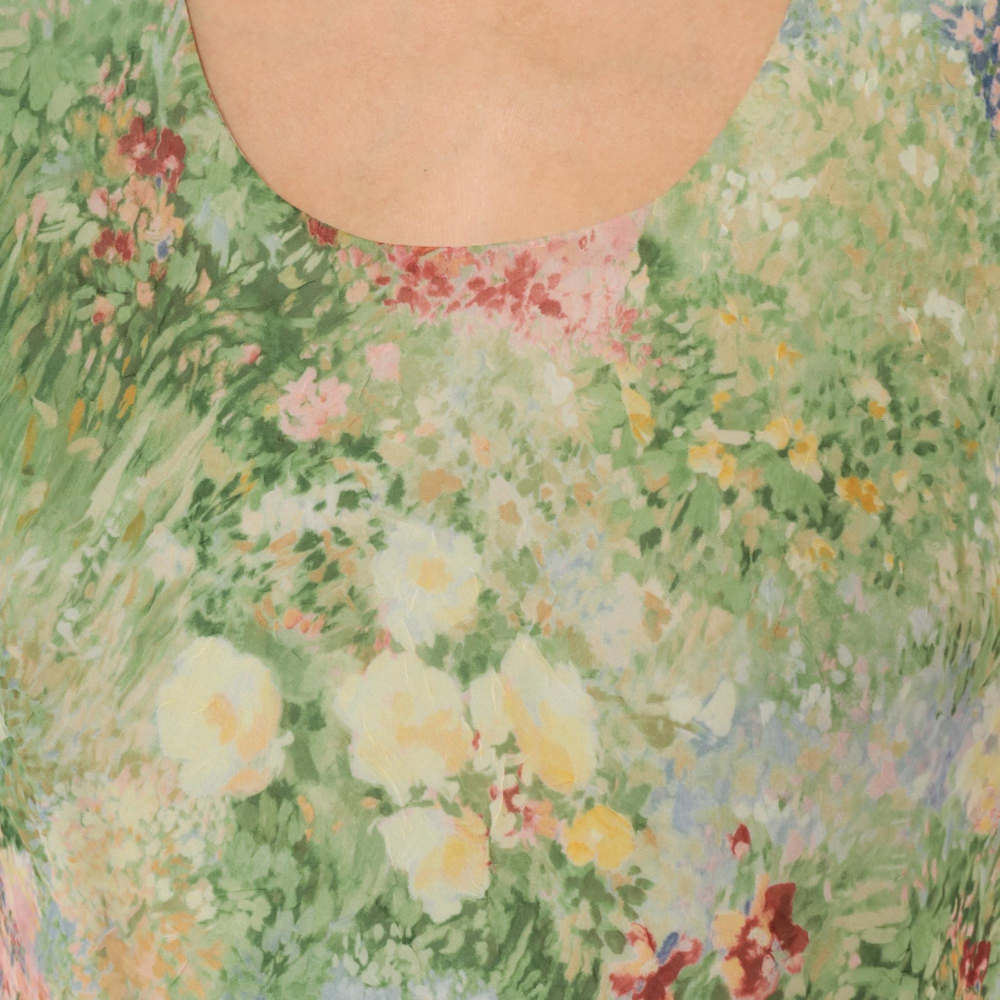 90s K Studio Floral Midi Dress Impressionist Garden Print Green Pink Extra Large