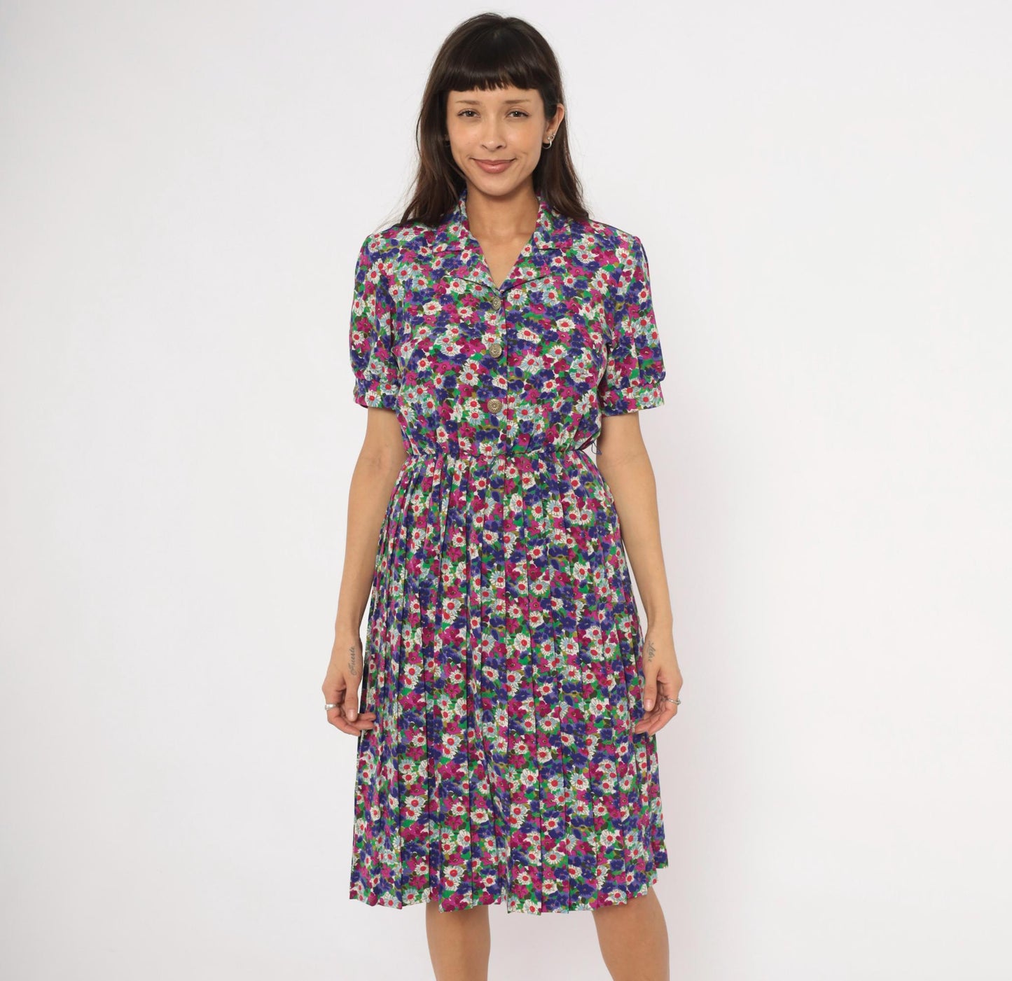 80s Winning Ticket Floral Shirtdress Purple Garden Print Puff Sleeve Small