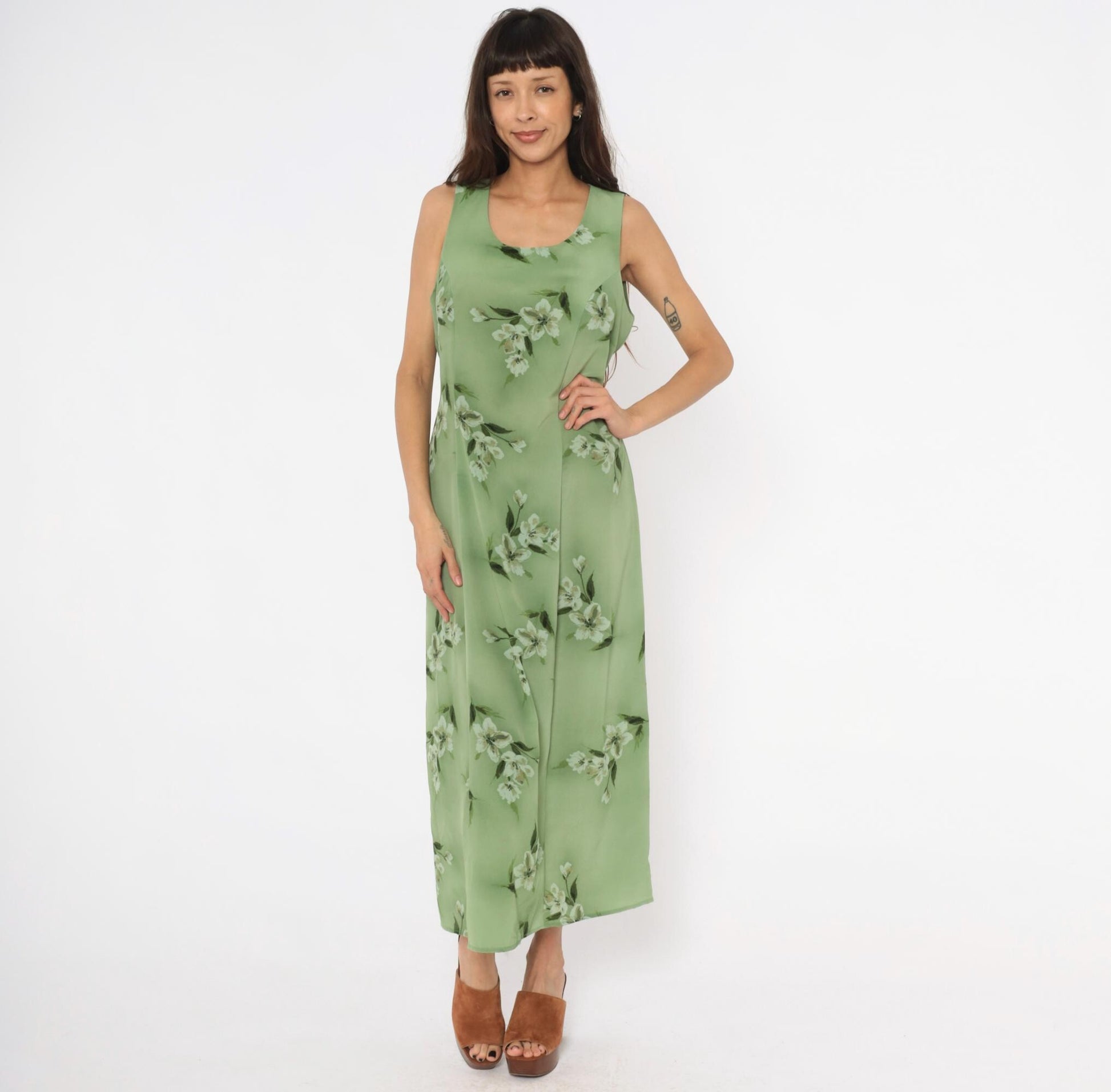 90s Fashion Bug Sage Green Floral Maxi Dress Sleeveless A-Line Large L