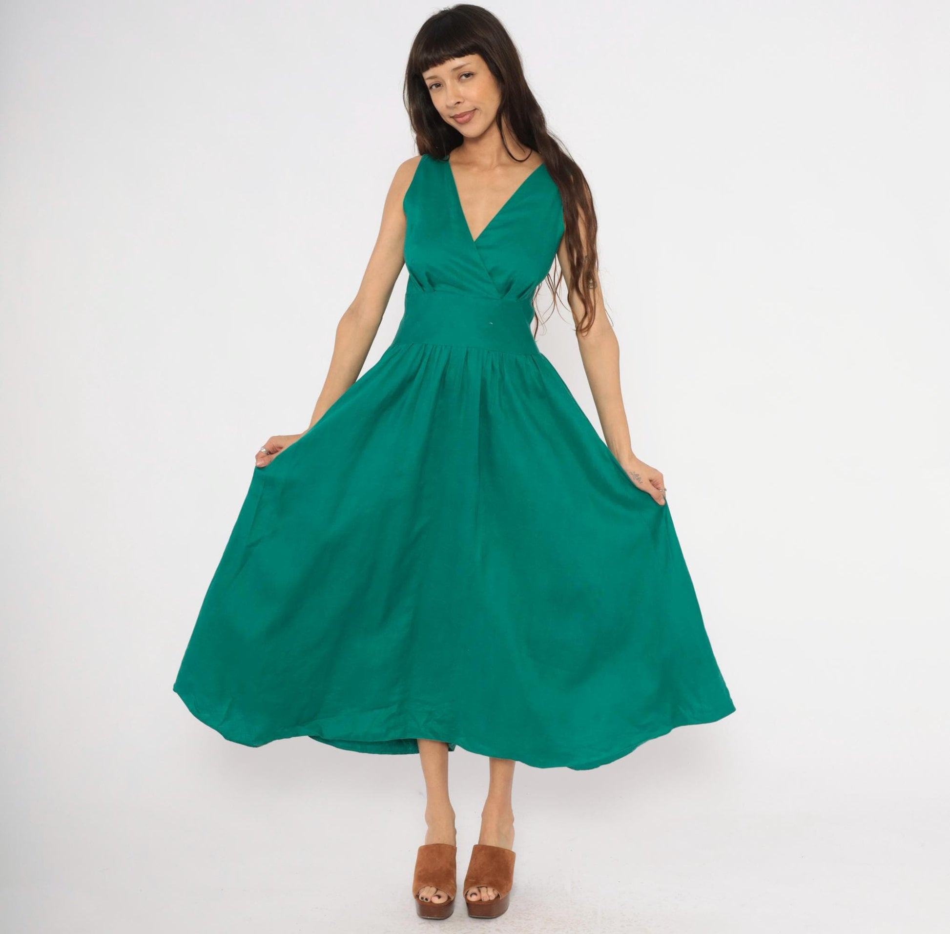 80s Kenar 2 Teal Linen Midi Dress Surplice V-Neck Sleeveless Small S
