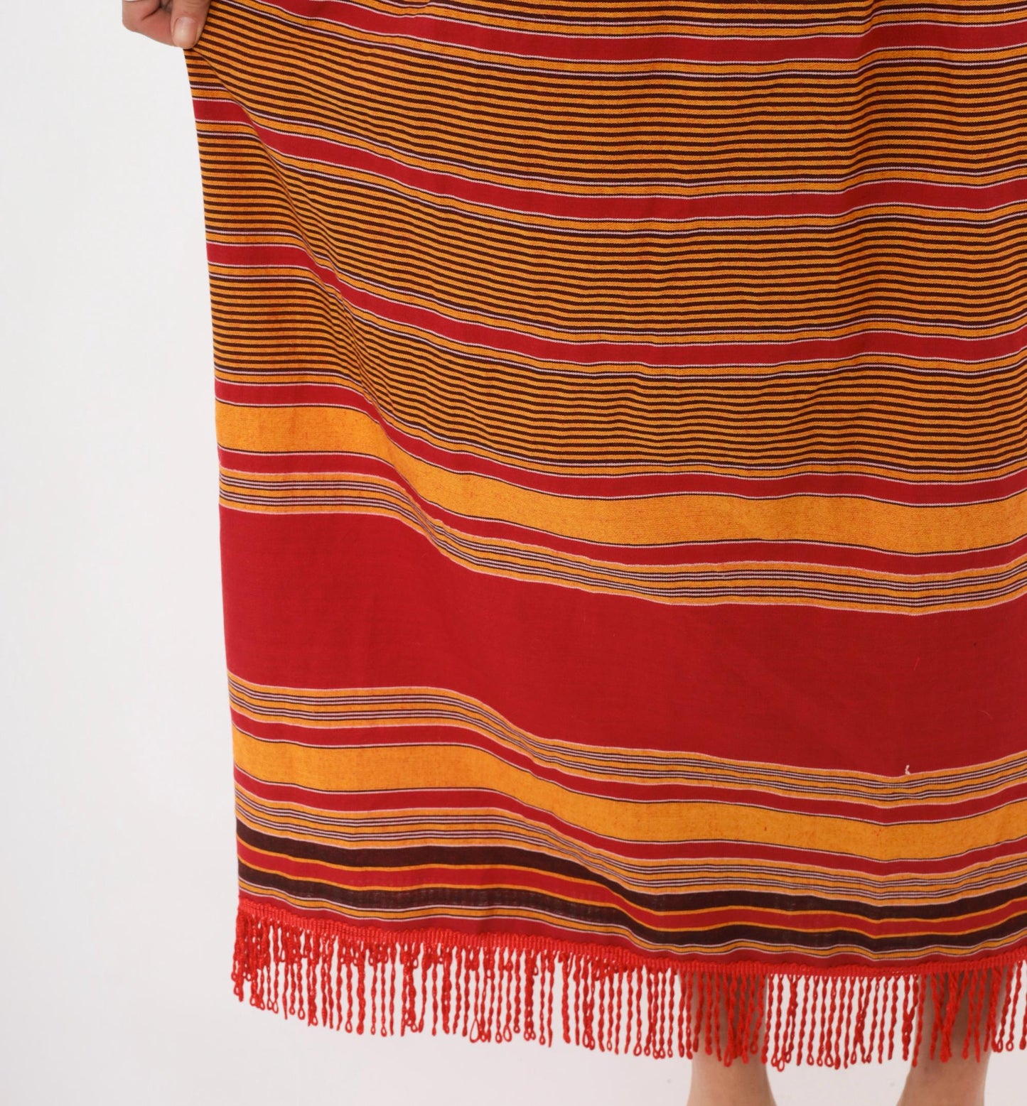 90s Striped Smocked Sundress Red Gold Fringe Hem Cotton Small