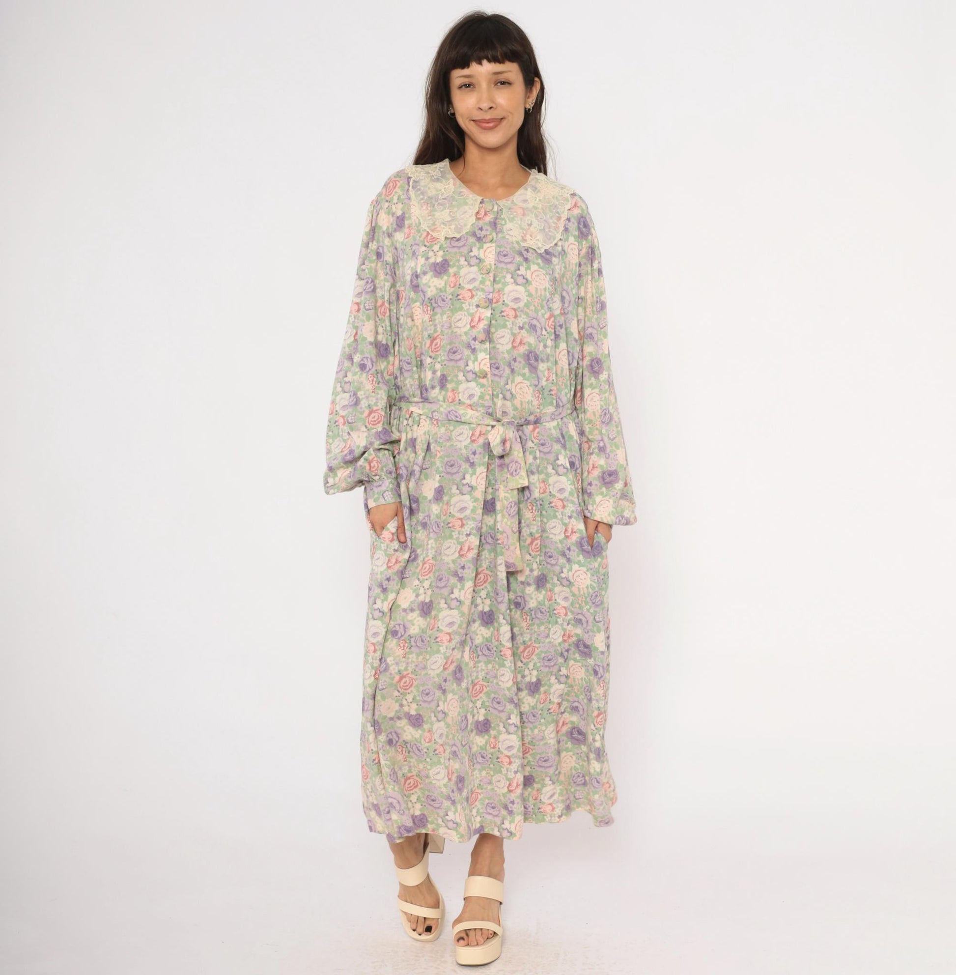 90s J Jill Floral Maxi Dress Lace Peter Pan Collar Plus Size XXL