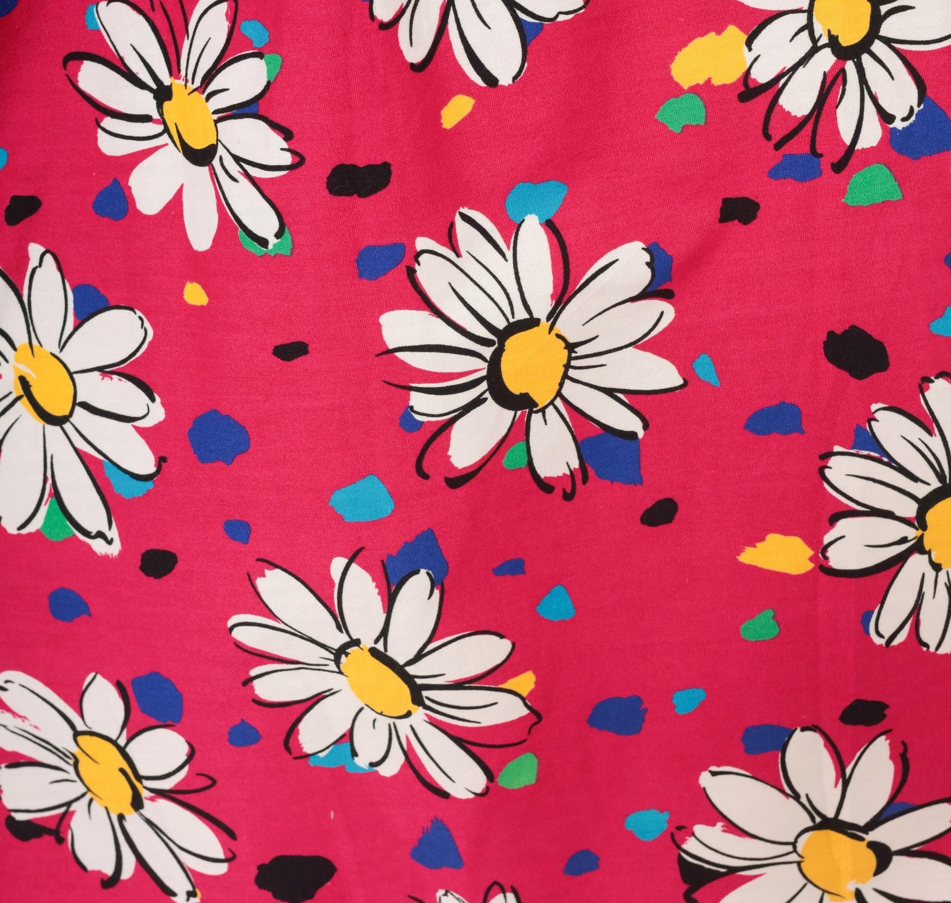 90s Fuchsia Daisy Print Cotton Sundress Square Neck Ruffle Pockets Small