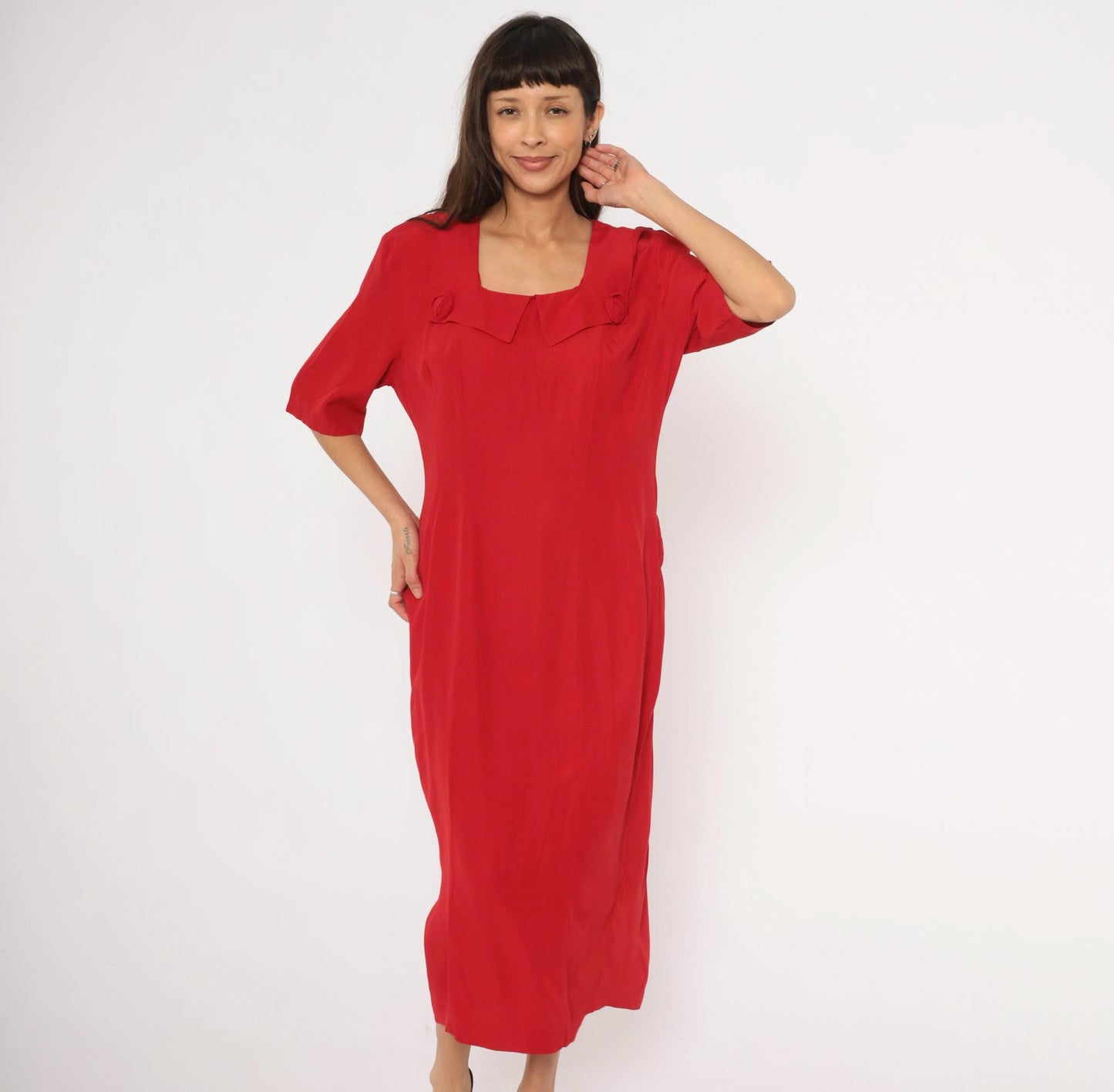 90s Atina Crimson Midi Dress Square Neckline Rosette Half Sleeve Large L