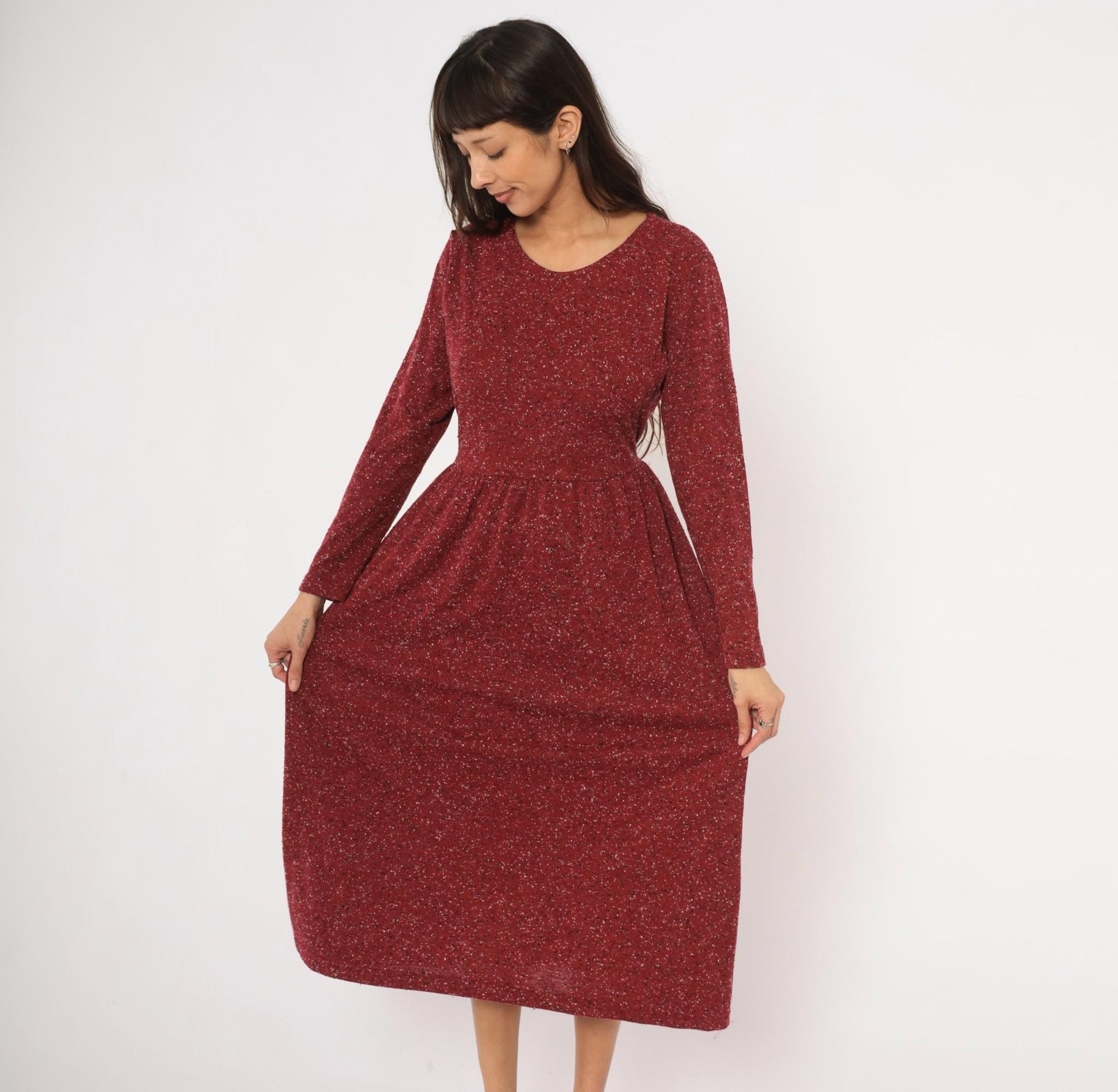 90s Alias Burgundy Speckled Knit Midi Dress Tie Back Medium M