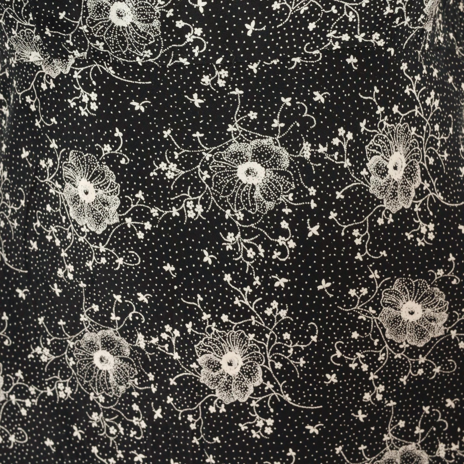 90s Scarlett Black Floral Maxi Dress White Dotted Short Sleeve Collared Large L