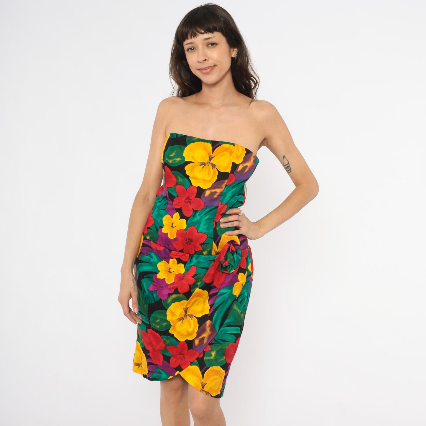 90s Positively Ellyn Tropical Floral Strapless Dress Knee-Length Wrap Skirt Large