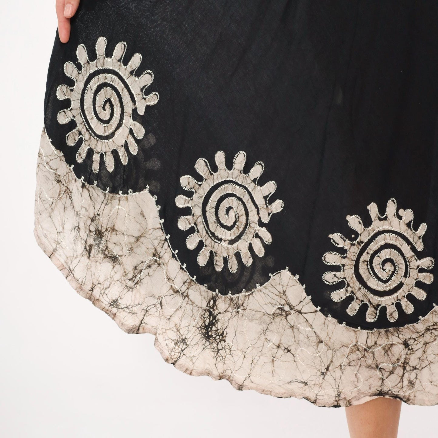 90s Black Batik Maxi Dress Cream Spiral Embroidered Trapeze Tank Medium