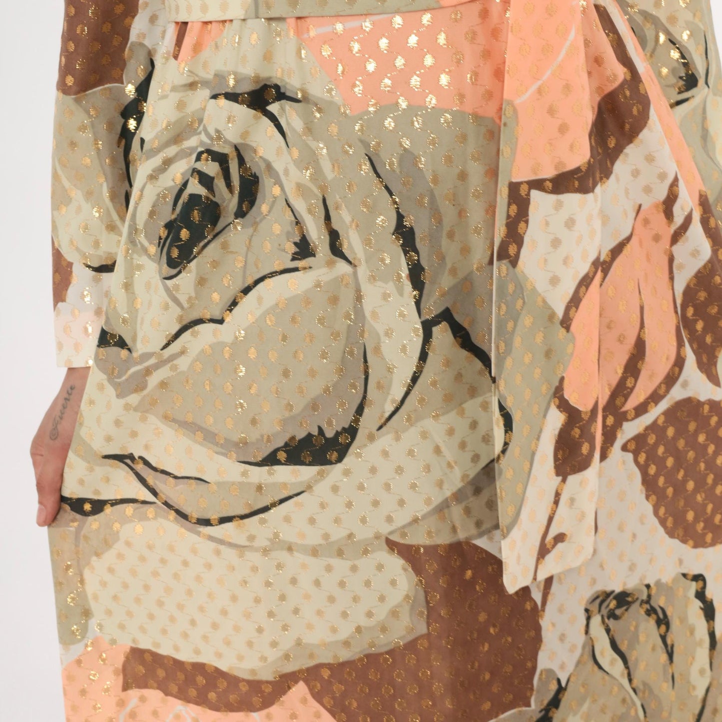 70s Rose Print Maxi Dress Gold Metallic Dots Long Sleeve Peach Taupe Chiffon Medium