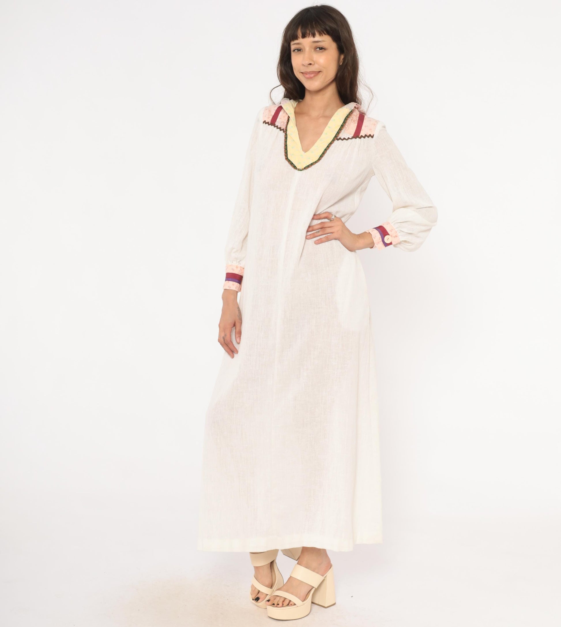 70s Patchwork Hood Maxi Dress White Linen V Neck Bishop Sleeve Small