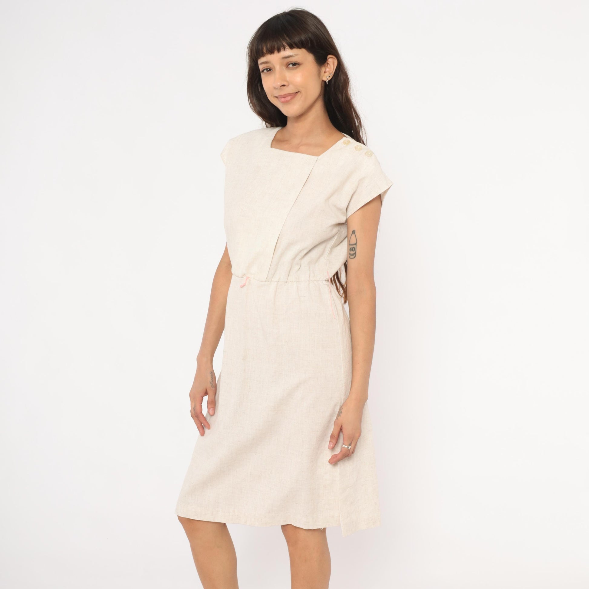 80s Oatmeal Linen Sheath Dress Square Neck Cap Sleeve Knee Length Small