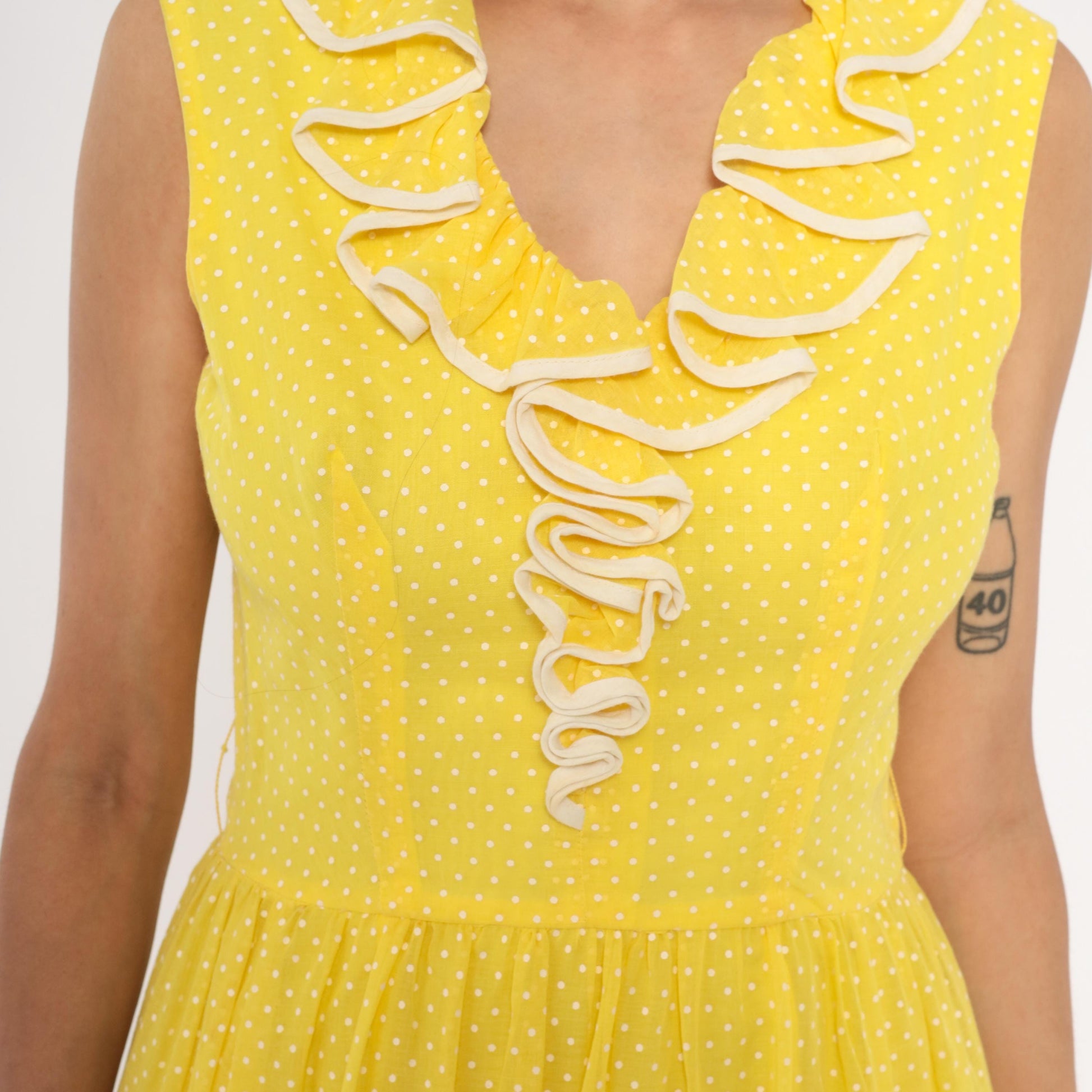 70s Miss Elliette Yellow Polka Dot Maxi Dress Ruffled V-Neck Medium M
