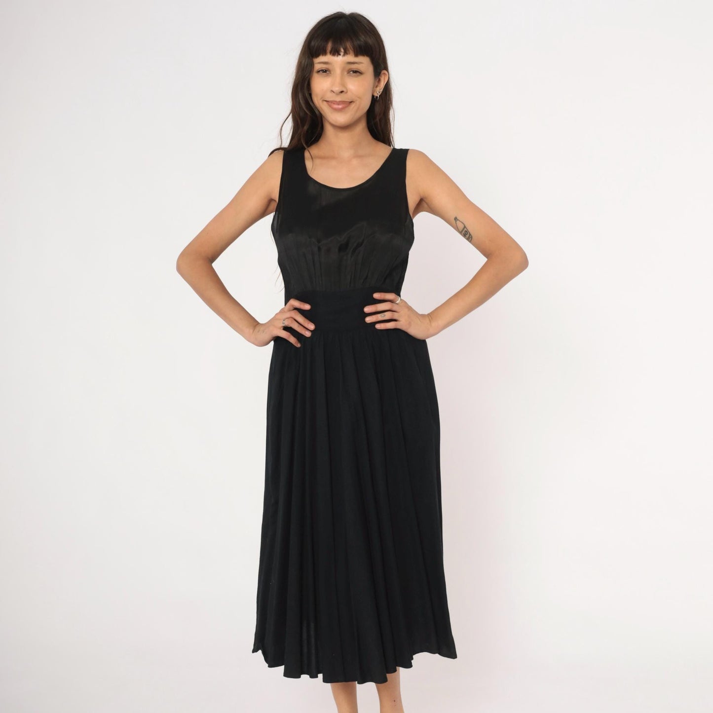 90s Black Satin Bodice Midi Dress Sleeveless Scoop Neck Flared Skirt Small