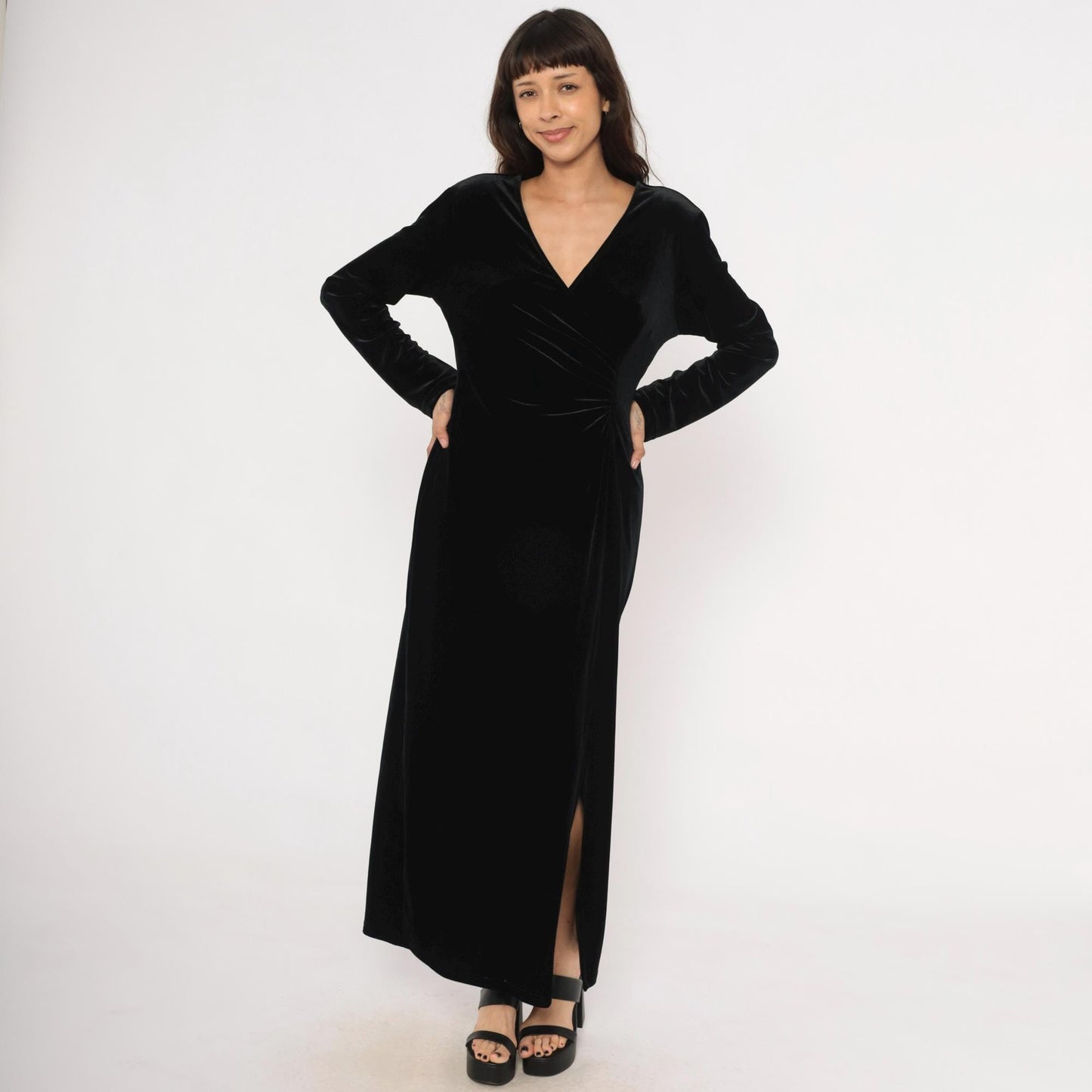 90s Robbie Bee Black Velvet Maxi Dress Surplice Neckline Long Sleeve Large L