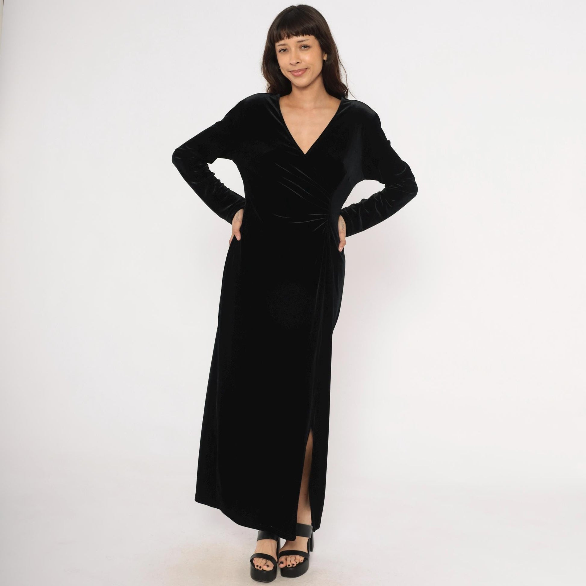 90s Robbie Bee Black Velvet Maxi Dress Surplice Neckline Long Sleeve Large L