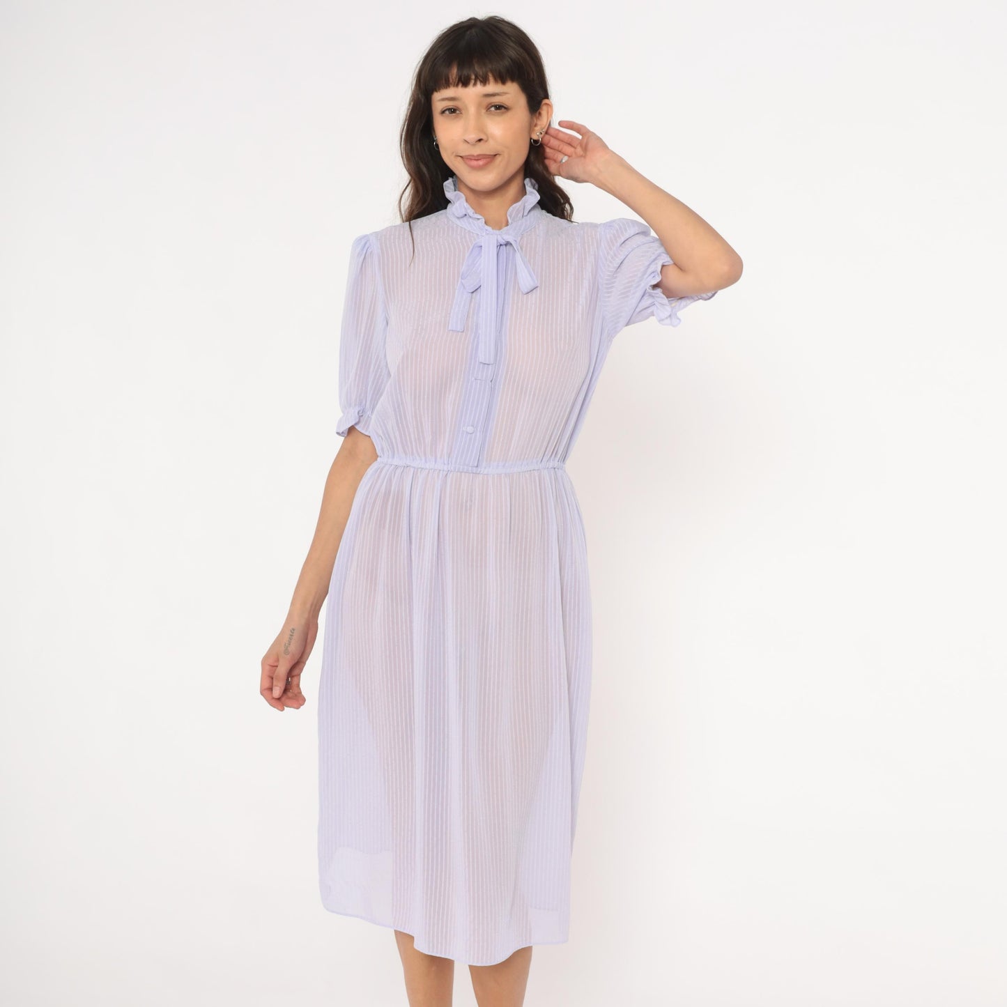 80s Lavender Sheer Stripe Dress Puff Sleeve Bow Tie Ruffle Collar Small