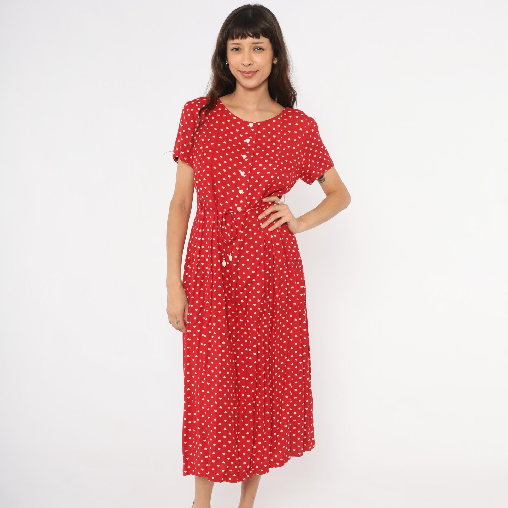 80s Sarah Elizabeth Red Heart Print Midi Dress Button Front Scoop Neck Medium M