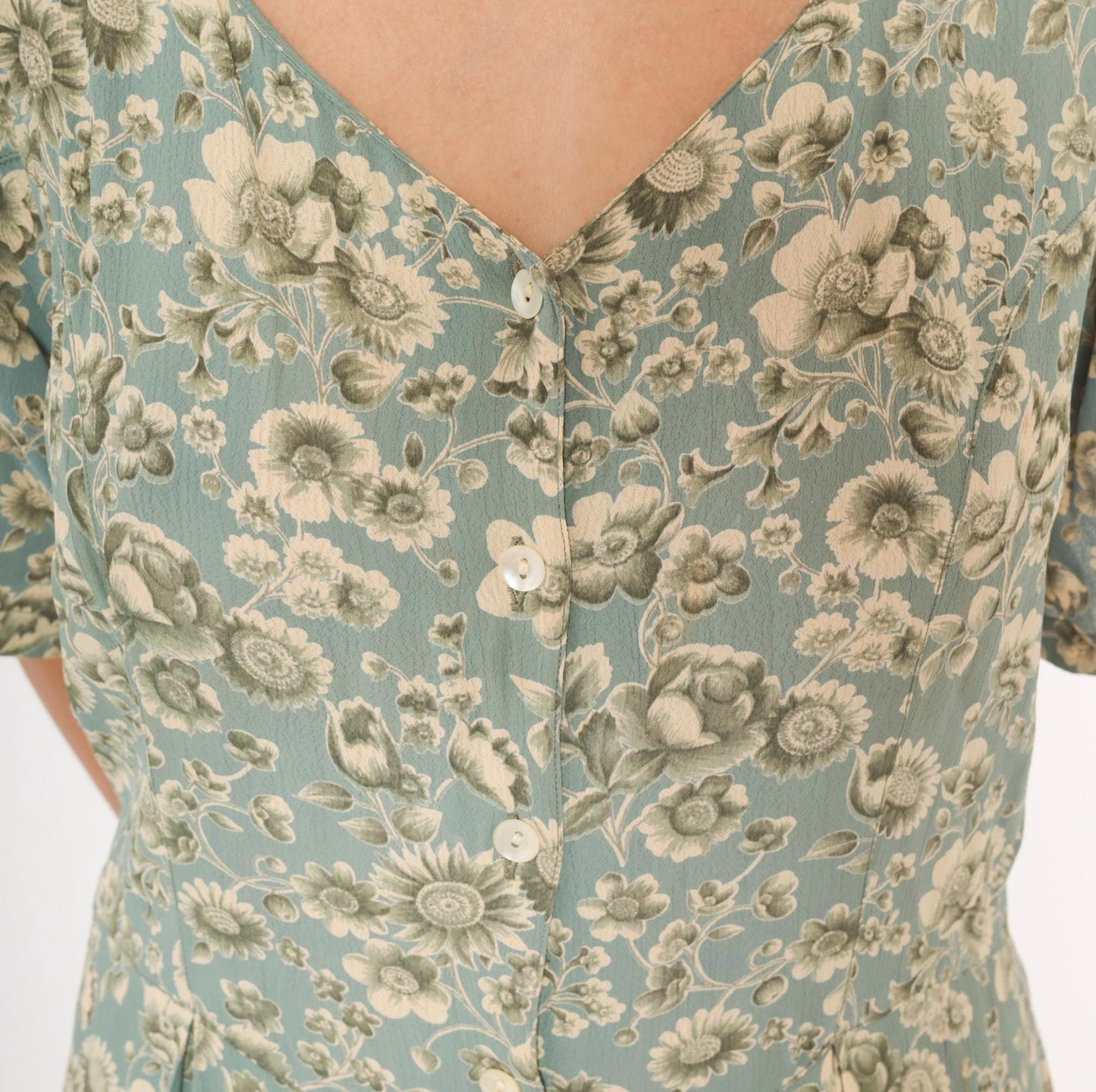 90s April Cornell Floral Maxi Dress Teal Cream V-Neck Short Sleeve Large L