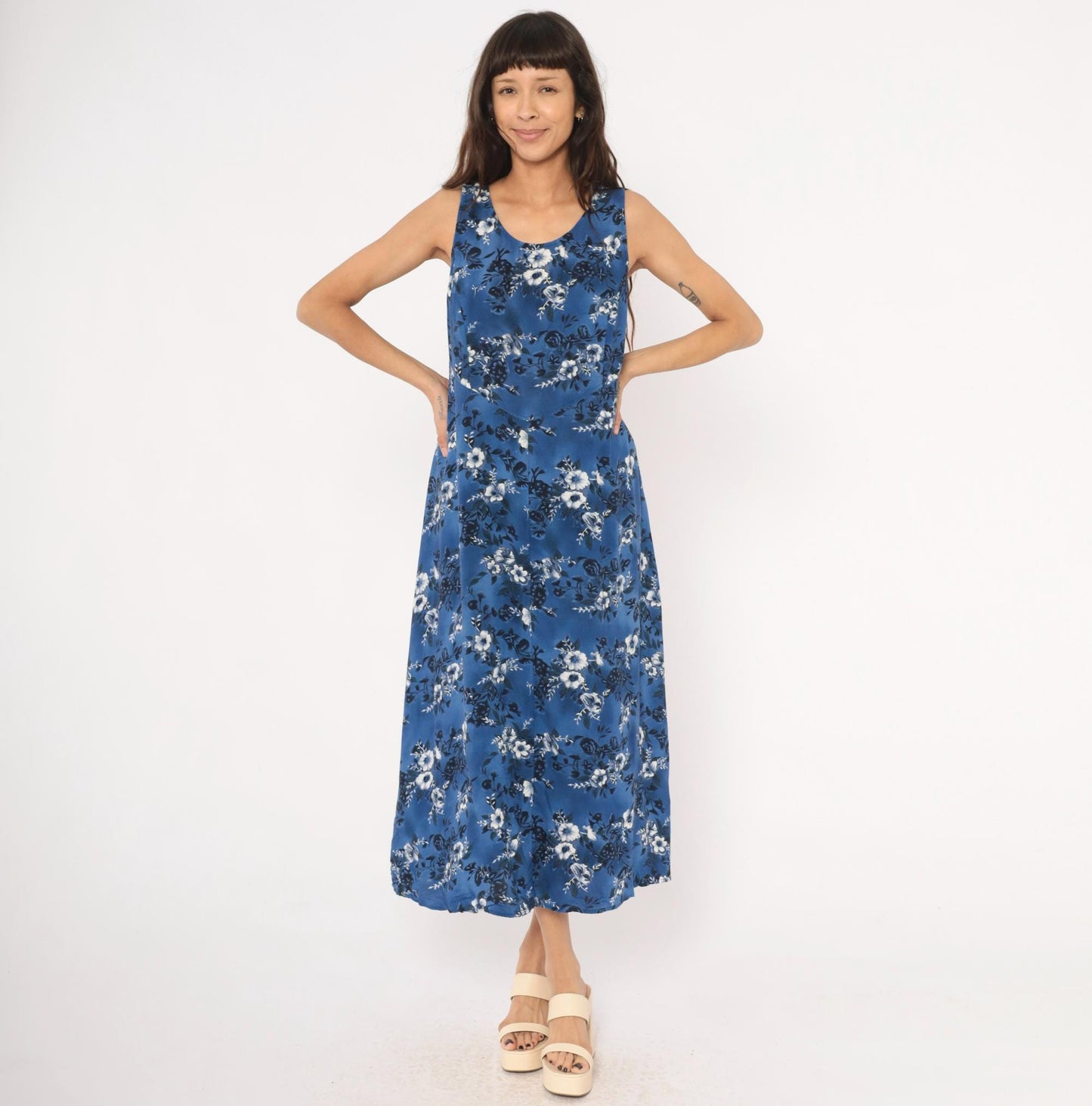 90s Molly Malloy Blue Floral Maxi Dress Sleeveless A-Line Small