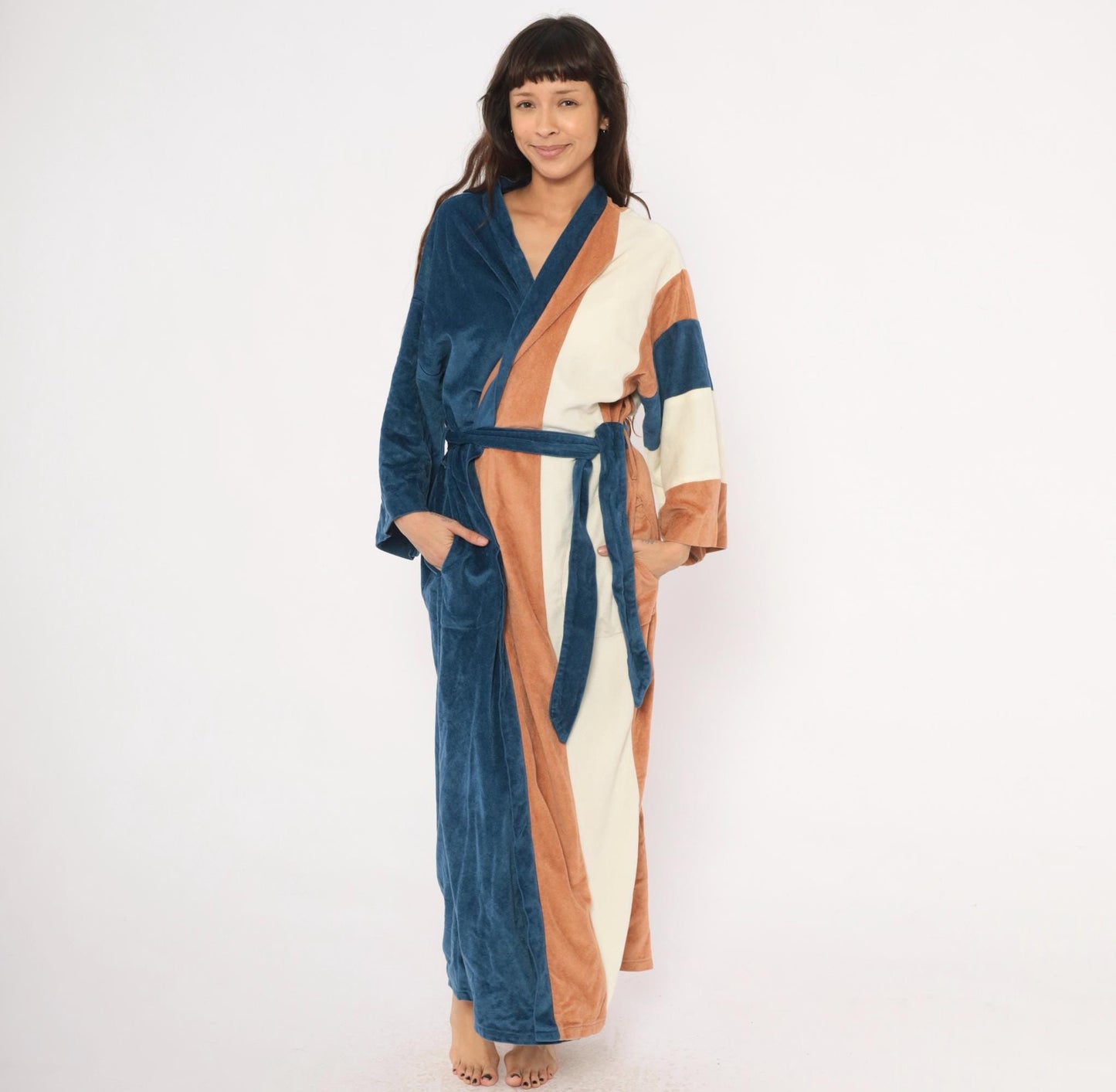 80s JCPenney Velour Kimono Robe Colorblock Navy Copper Cream One Size