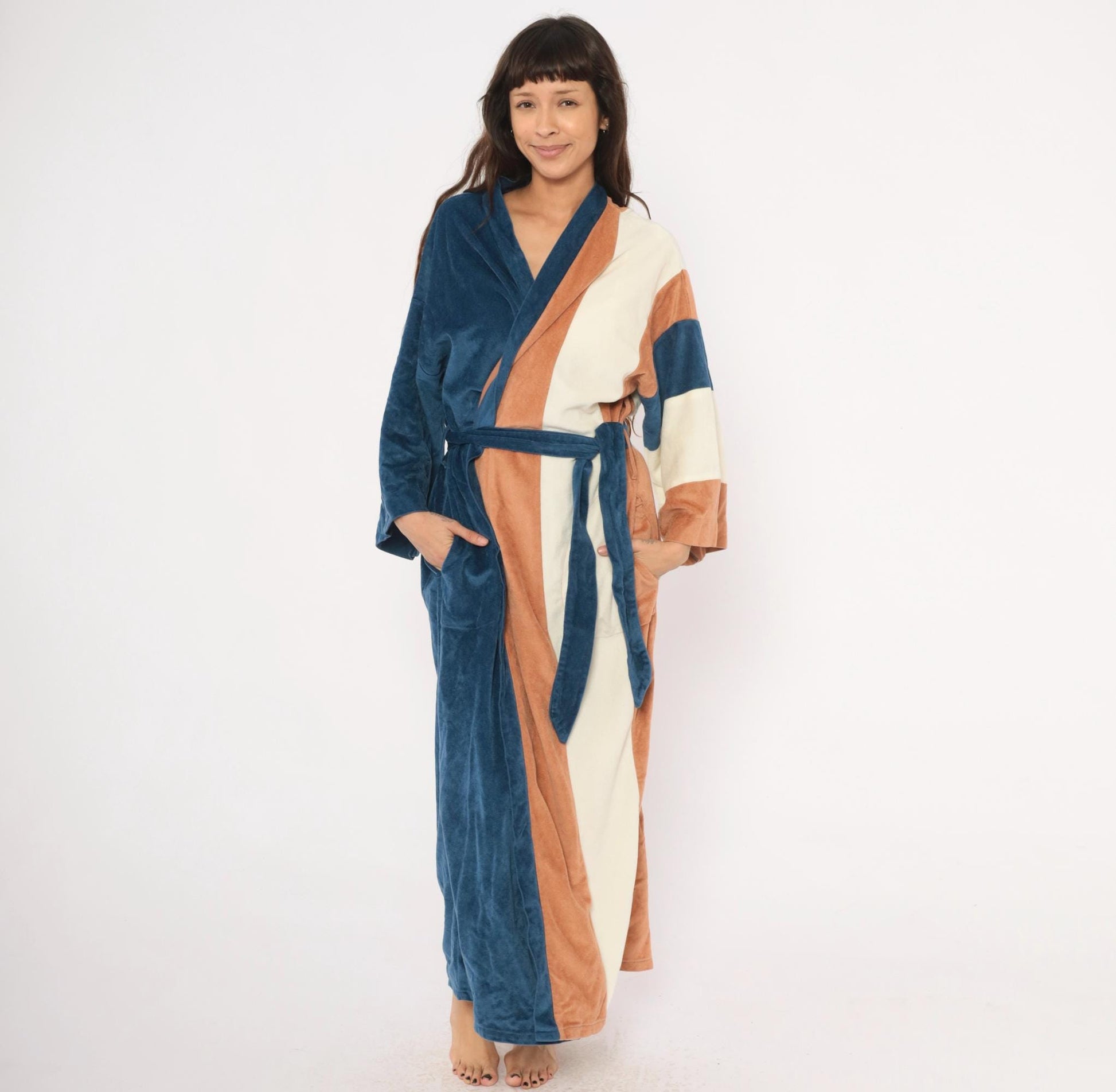 80s JCPenney Velour Kimono Robe Colorblock Navy Copper Cream One Size