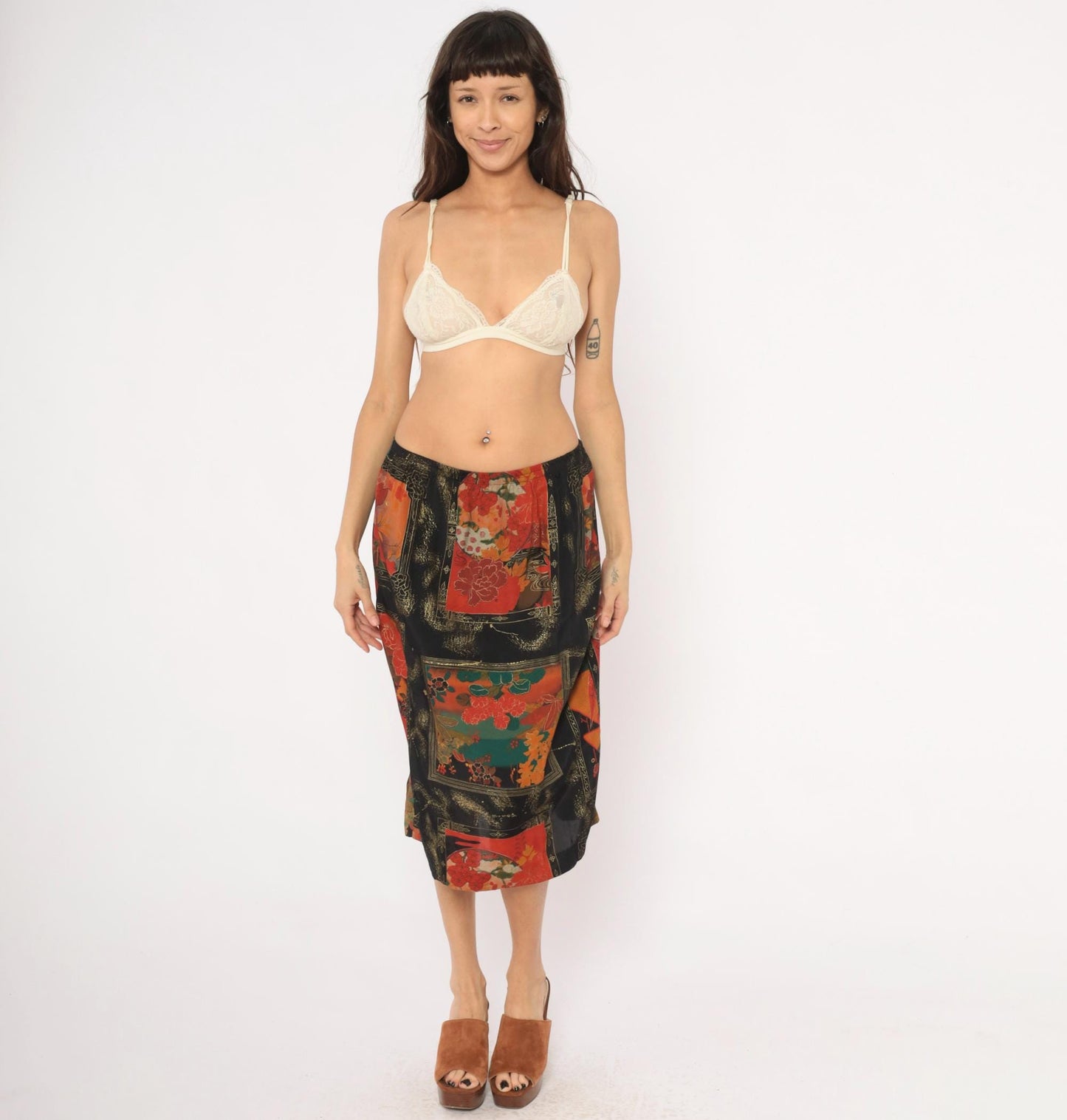 80s Japanese Floral Pencil Skirt Black Red Teal Gold Peonies Midi Medium Large