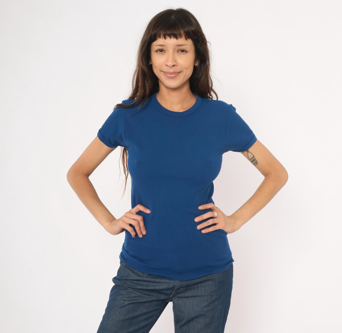 70s St Michaels Cobalt Ribbed Knit Crew Neck Tee Short Sleeve Small Medium