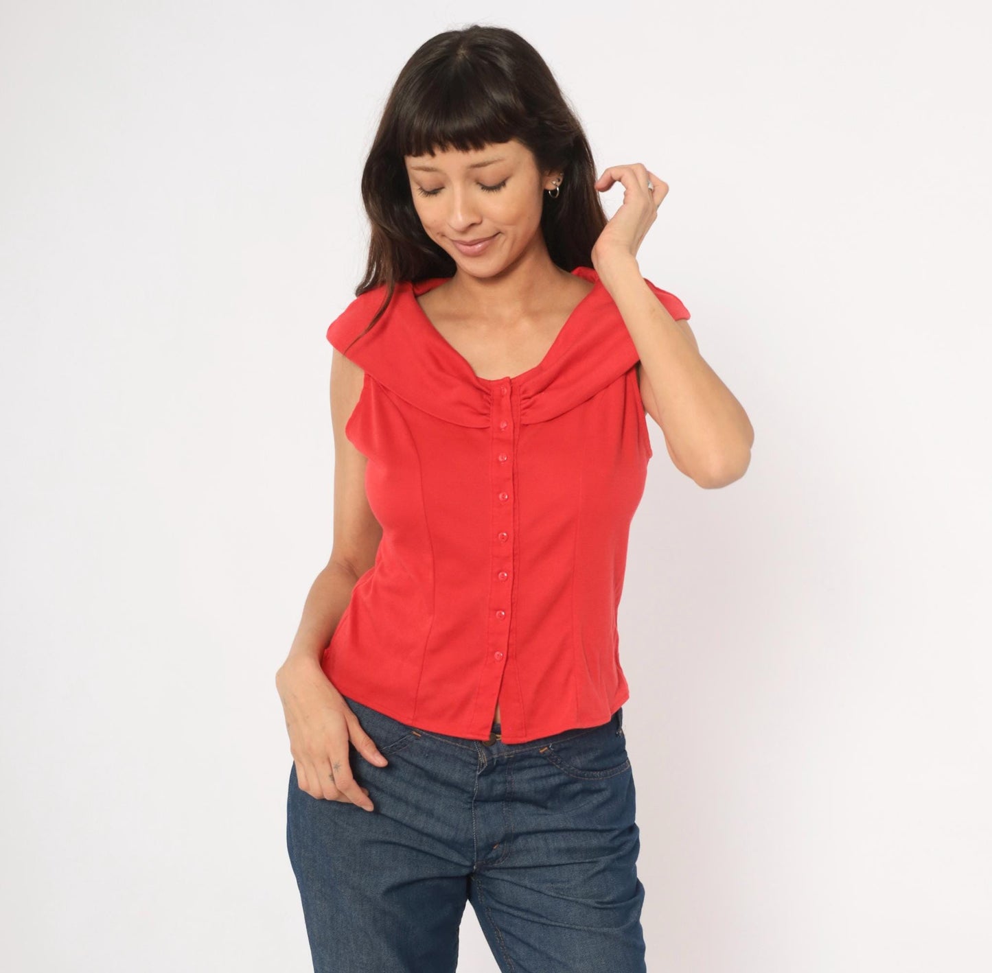 90s Dirty Dancing Red Button Front Blouse Cowl Neck Cap Sleeve Fitted Large L
