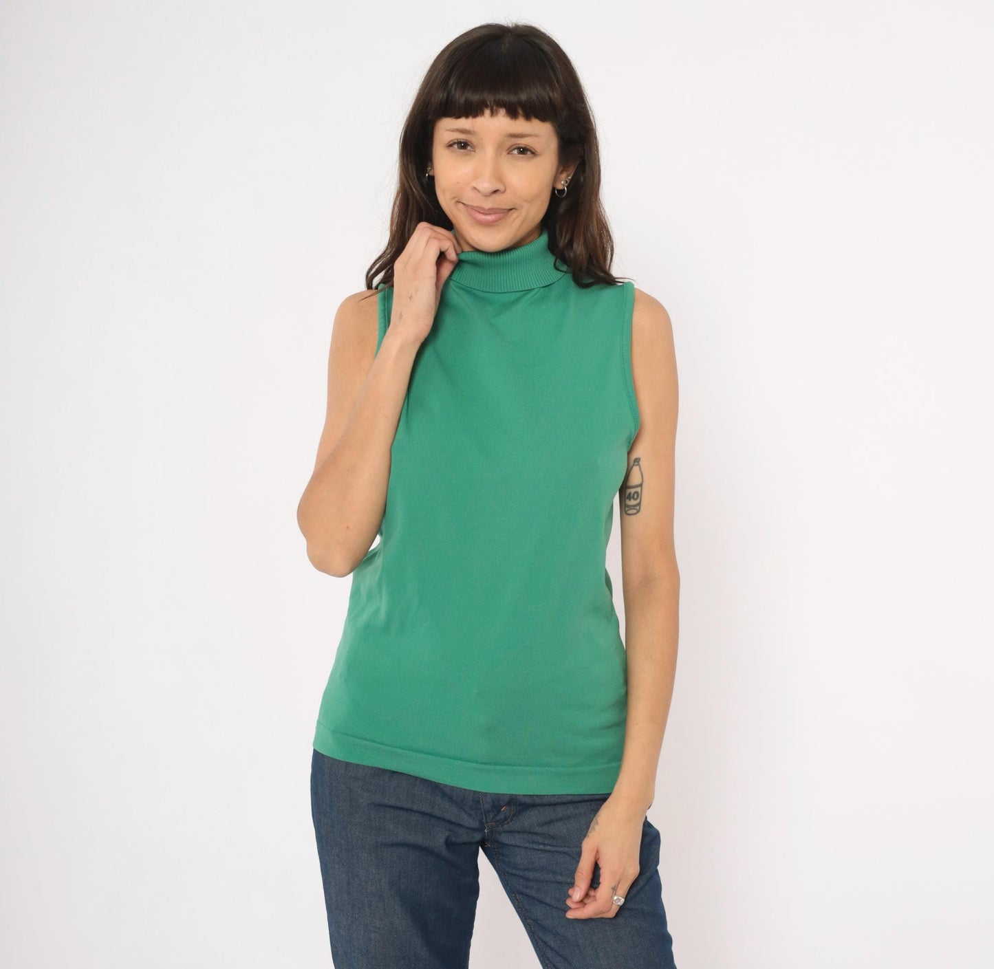 70s Sage Green Sleeveless Mock Neck Knit Tank Top Ribbed Shell Medium Large