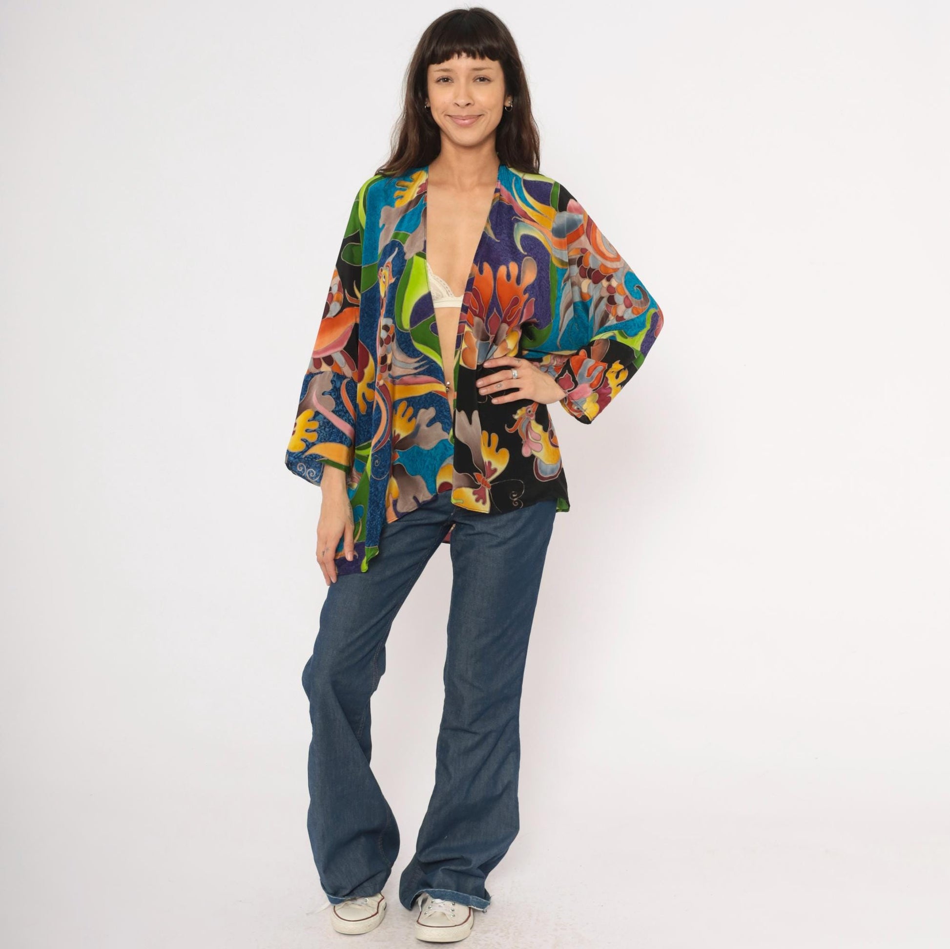 2000s Deeva Silk Kimono Jacket Multicolor Bird Floral Abstract One Size