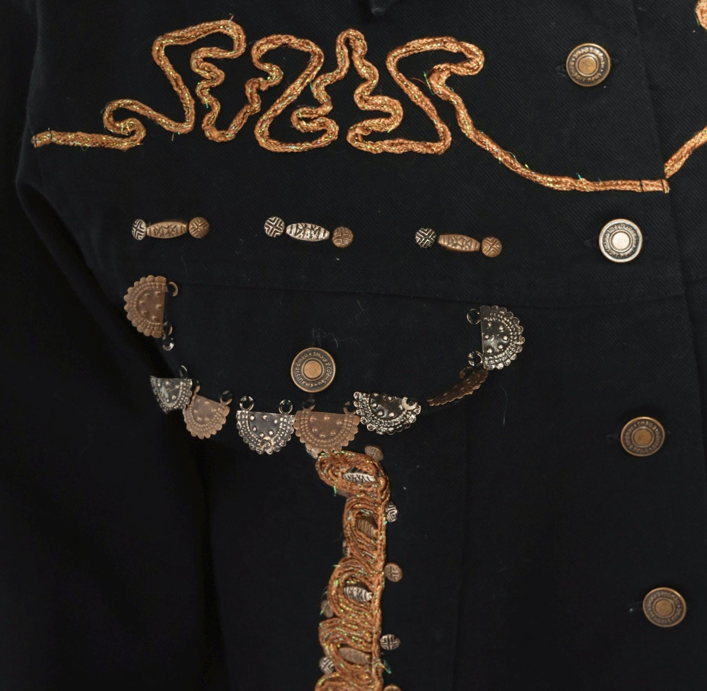 90s Styleworks Black Denim Jacket Gold Coin Charm Embroidered Cropped Large L
