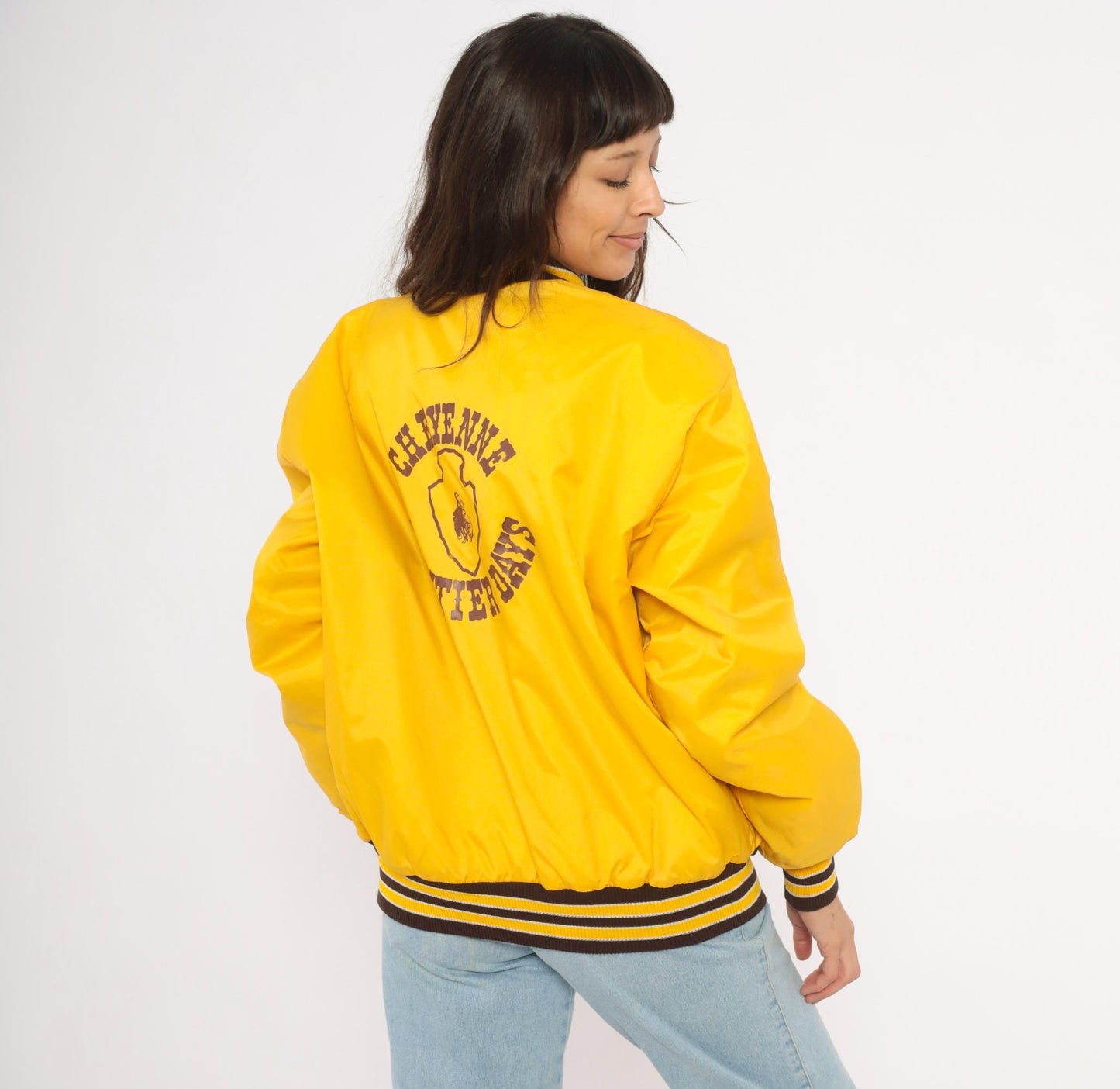 80s DeLong Sportswear Varsity Jacket Gold Nylon Bomber Cheyenne Frontier Days Medium
