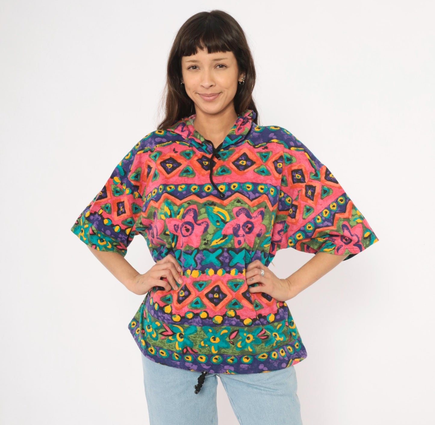 90s Lady John Tribal Hoodie Pink Teal Purple Geometric Floral Pullover One Size