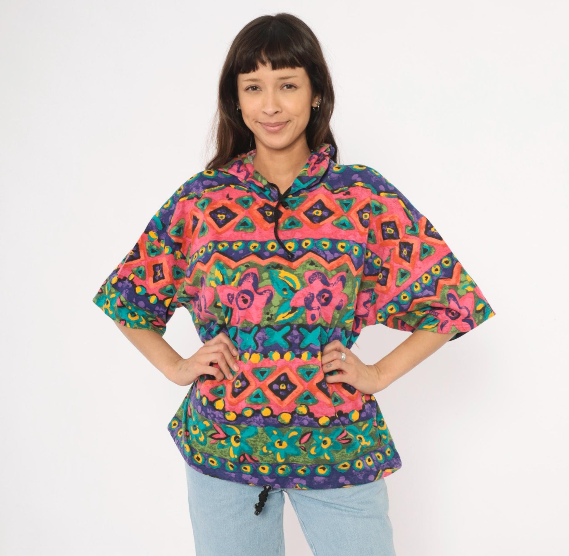 90s Lady John Tribal Hoodie Pink Teal Purple Geometric Floral Pullover One Size